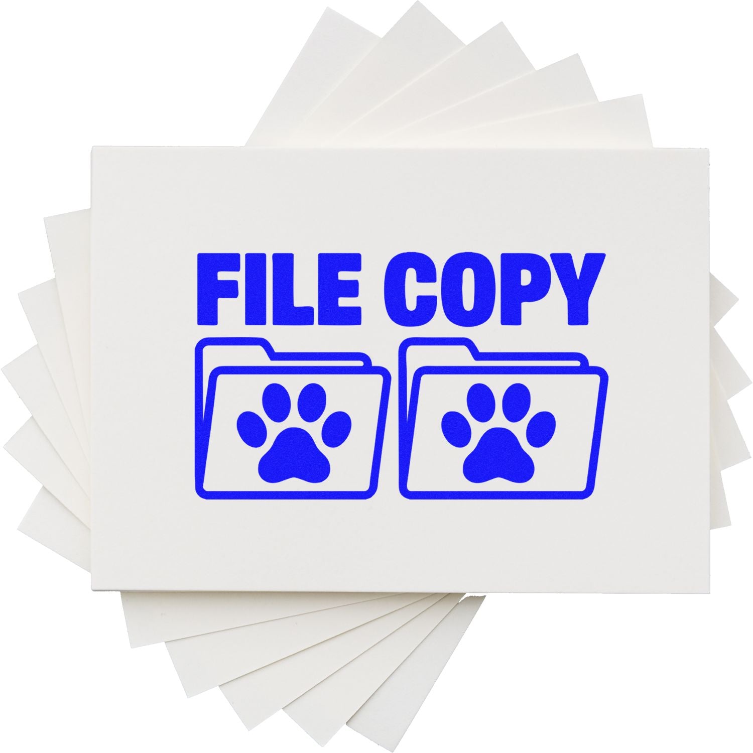 Blue File Copy stamp with two folder icons and paw prints on white seal sheets