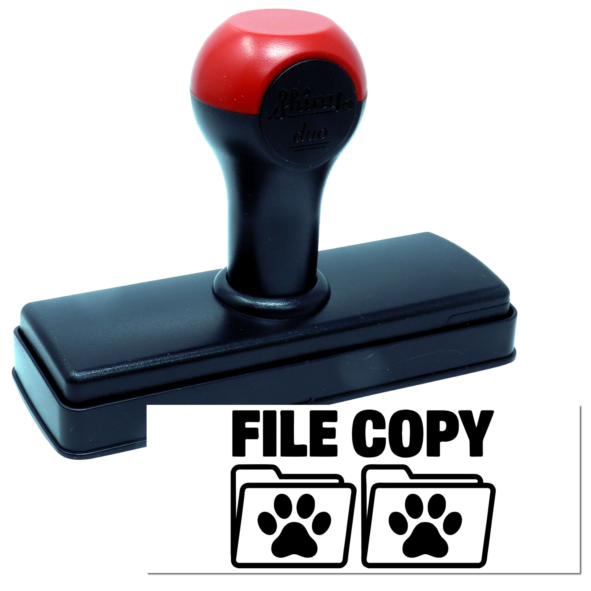 Black and red self-inking stamp and seal with FILE COPY text and paw print icons on a white background.