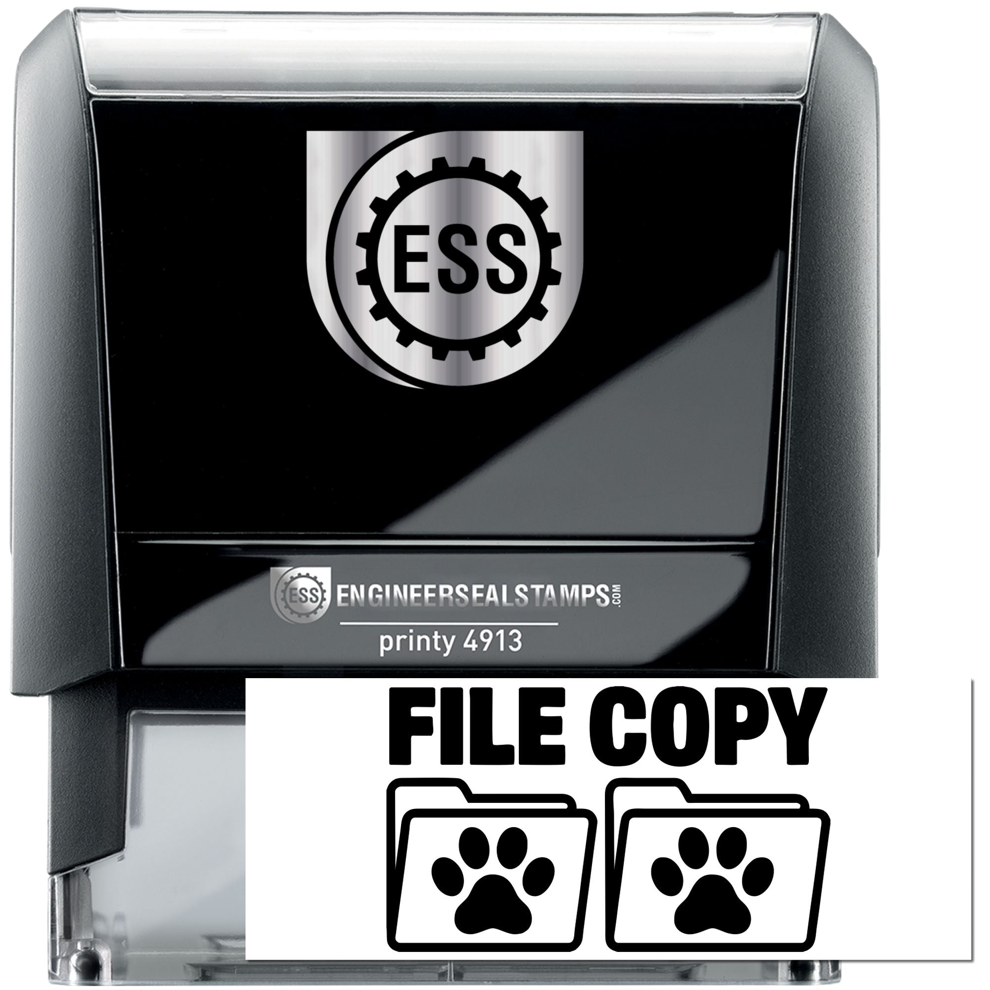 Black self-inking stamp and seal with silver top, ESS logo, and file copy paw-print icon