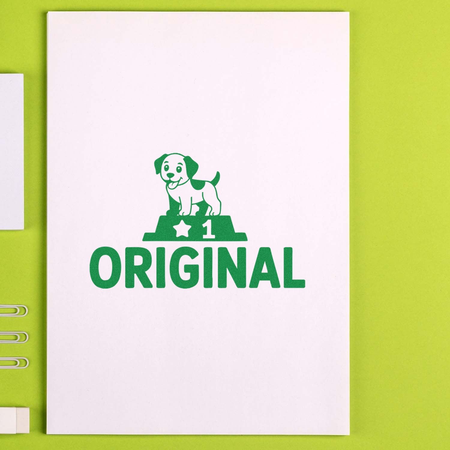 Green dog stamp seal with star and ORIGINAL in green on white paper over lime green background.
