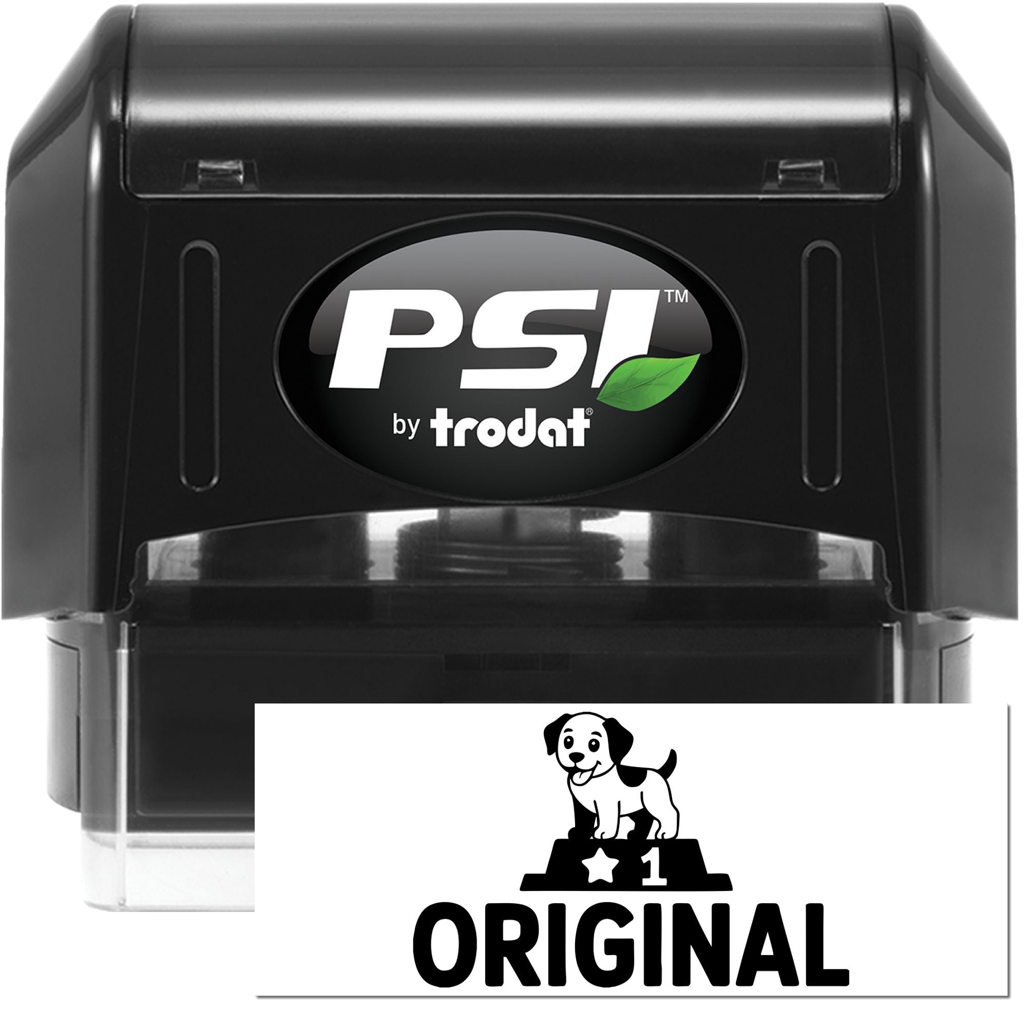 Black PSI by Trodat self-inking stamp and seal with dog logo and bold ORIGINAL imprint