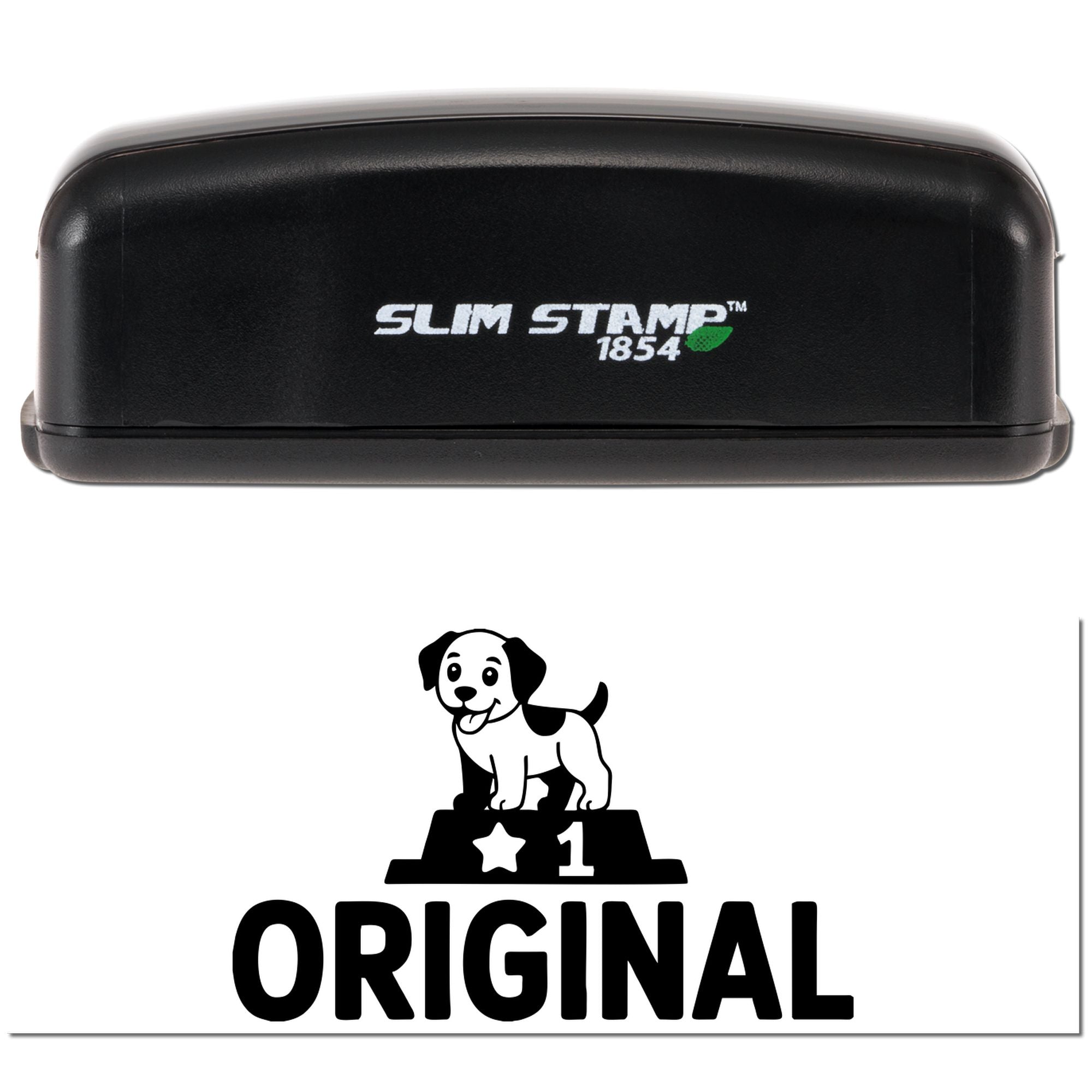 Black Slim Stamp 1854 stamp and seal set with green leaf logo and black Original dog seal design on white background.