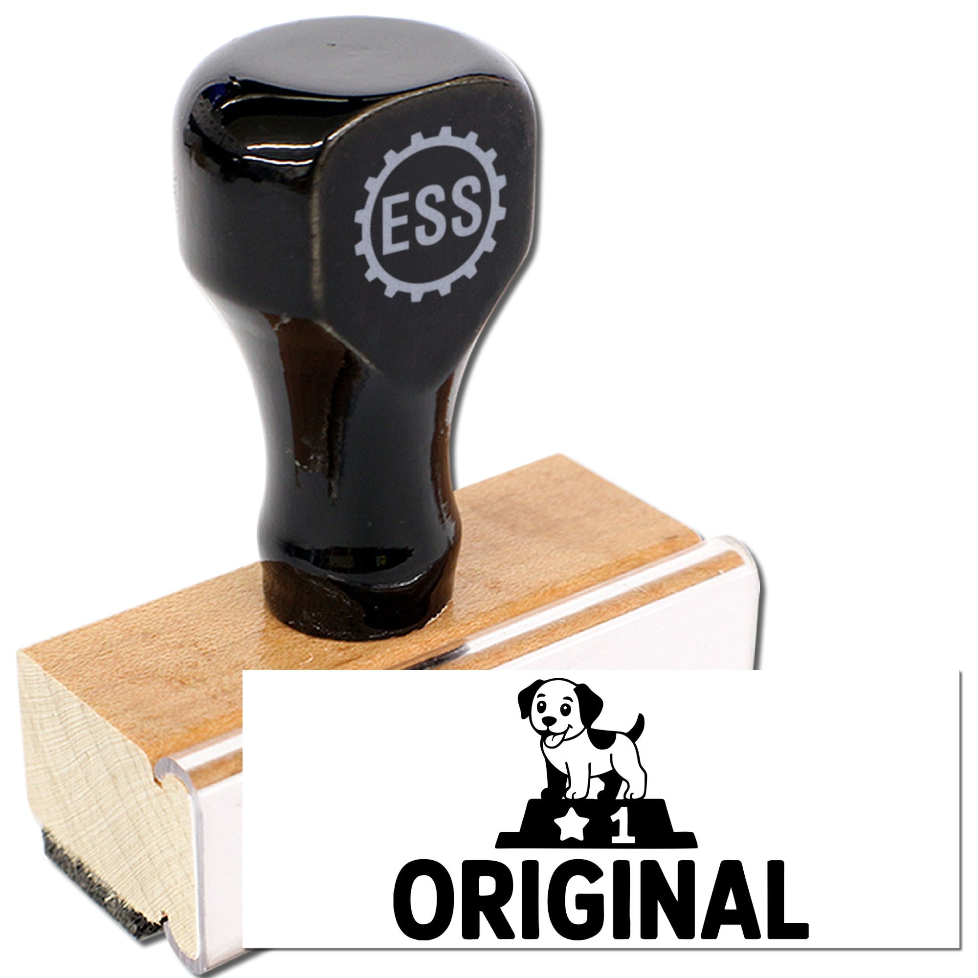 Black custom stamp and seal with ESS logo, wooden base, and original dog design on a white background.