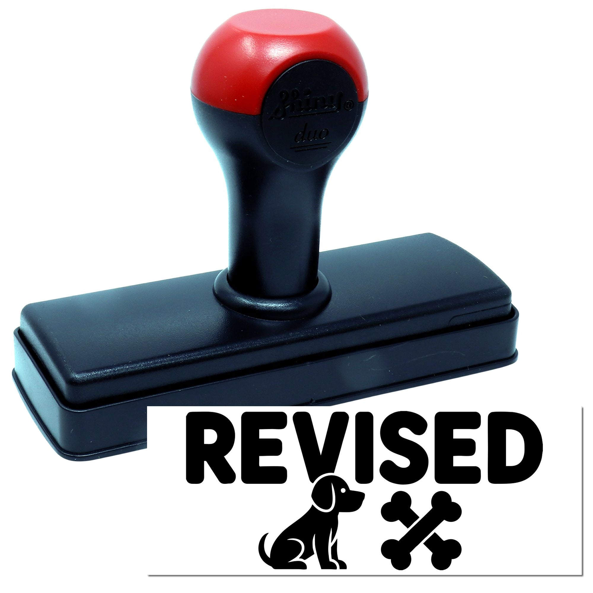Red and black self-inking stamp and seal with REVISED dog-and-bone design.