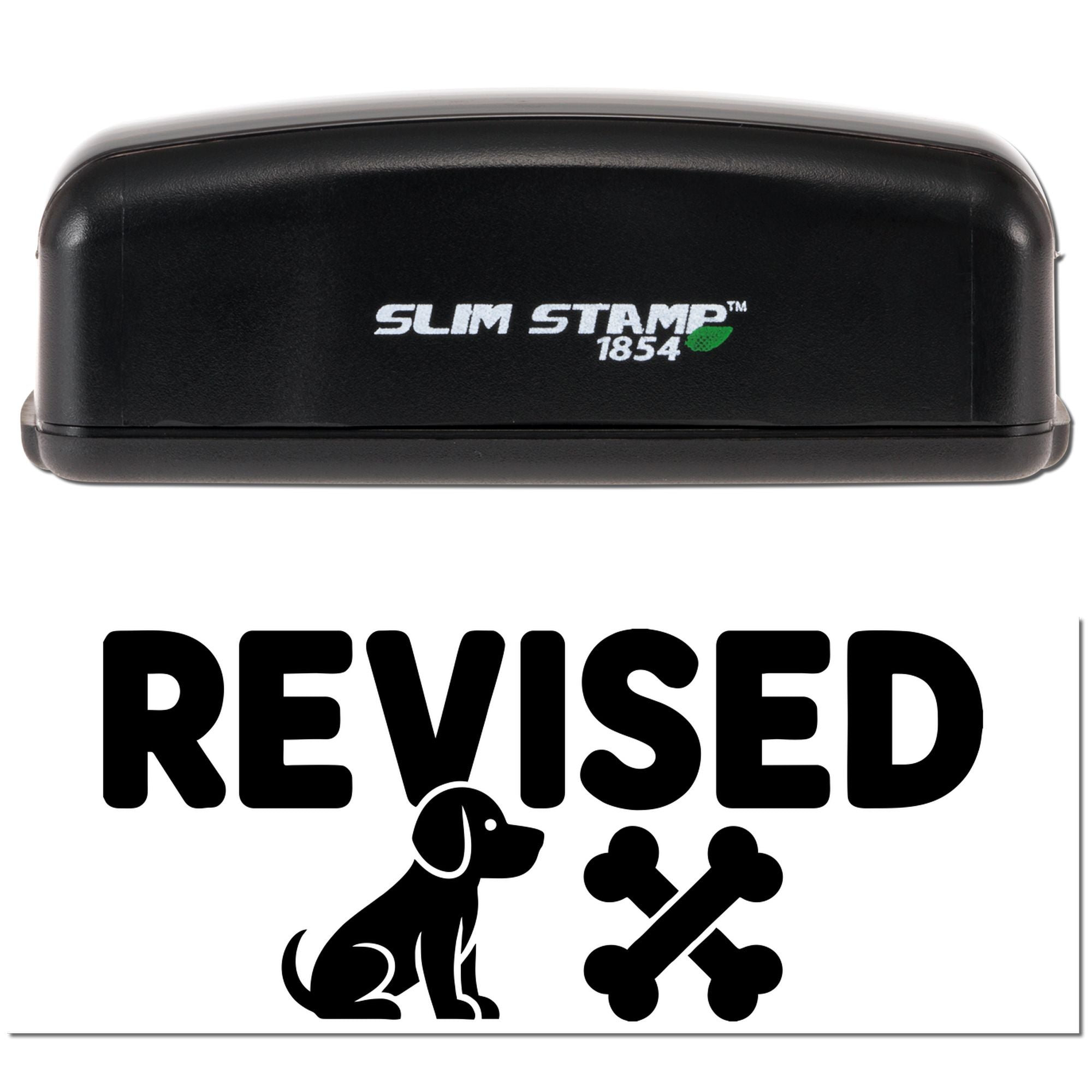 Black Slim Stamp 1854 stamp and seal with green leaf logo above bold REVISED text, dog icon, and crossed bones.