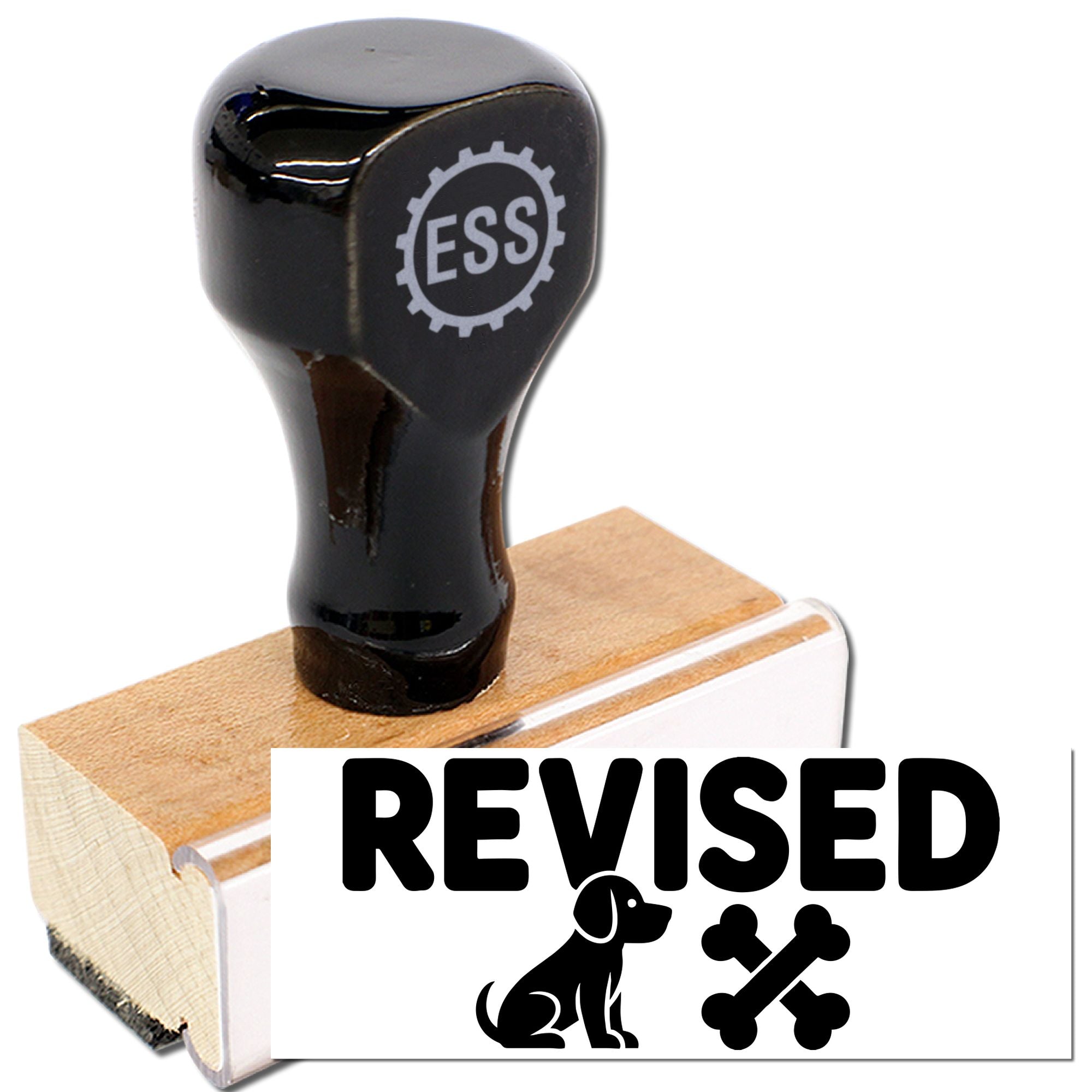 Black rubber stamp and seal product on wooden base, with bold REVISED text, dog icon, bones, and ESS logo.