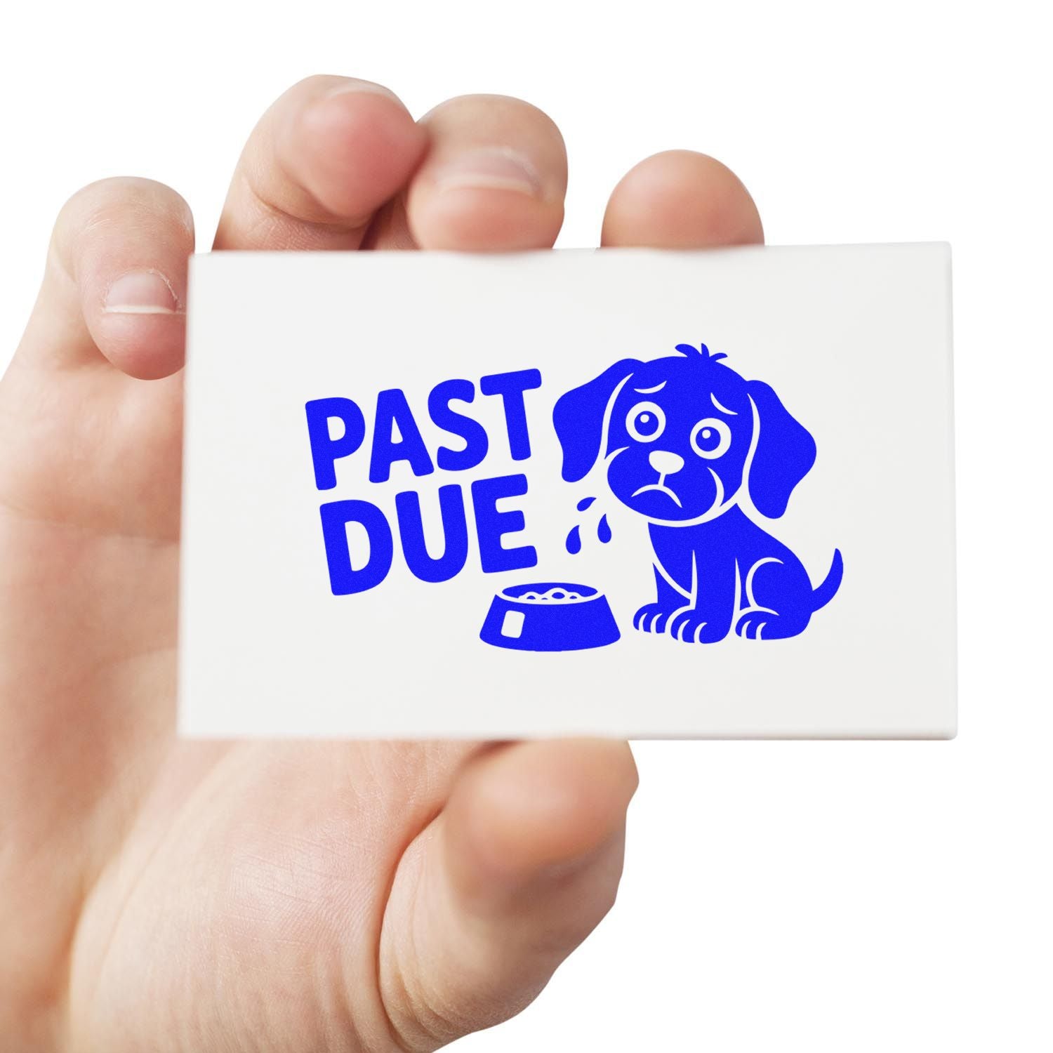 Blue pet stamp seal with sad dog and food bowl, reading PAST DUE, held in hand on white background.