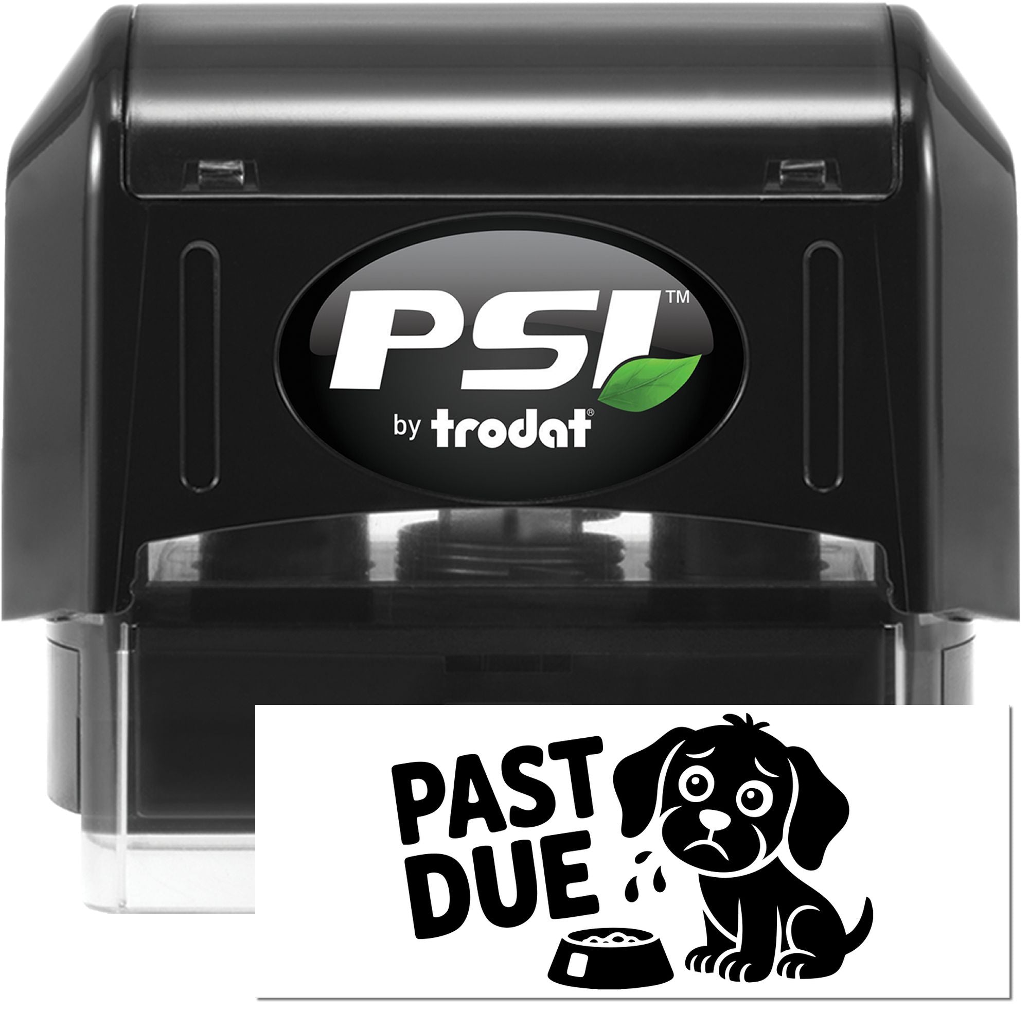 Black PSI by Trodat self-inking stamp with Past Due dog seal design on a white background