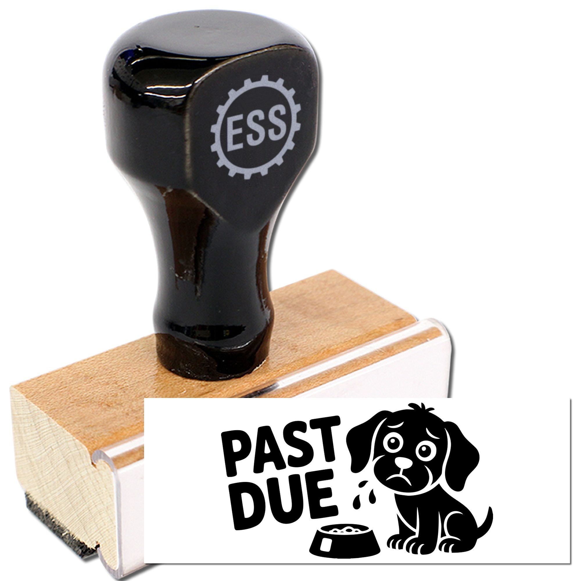 Black ESS stamp and seal set on a wooden block with a white Past Due dog design.