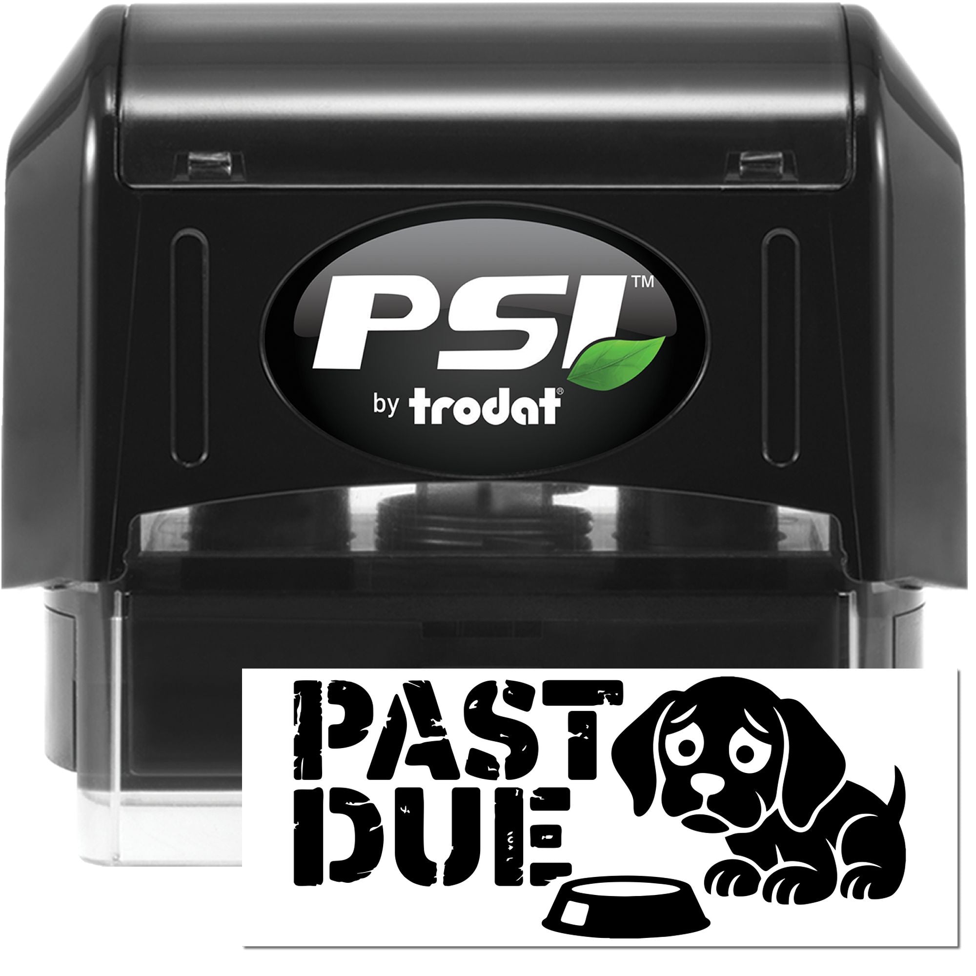 Black PSI by Trodat self-inking stamp and seal set with custom PAST DUE print, dog graphic, and bowl icon on white.