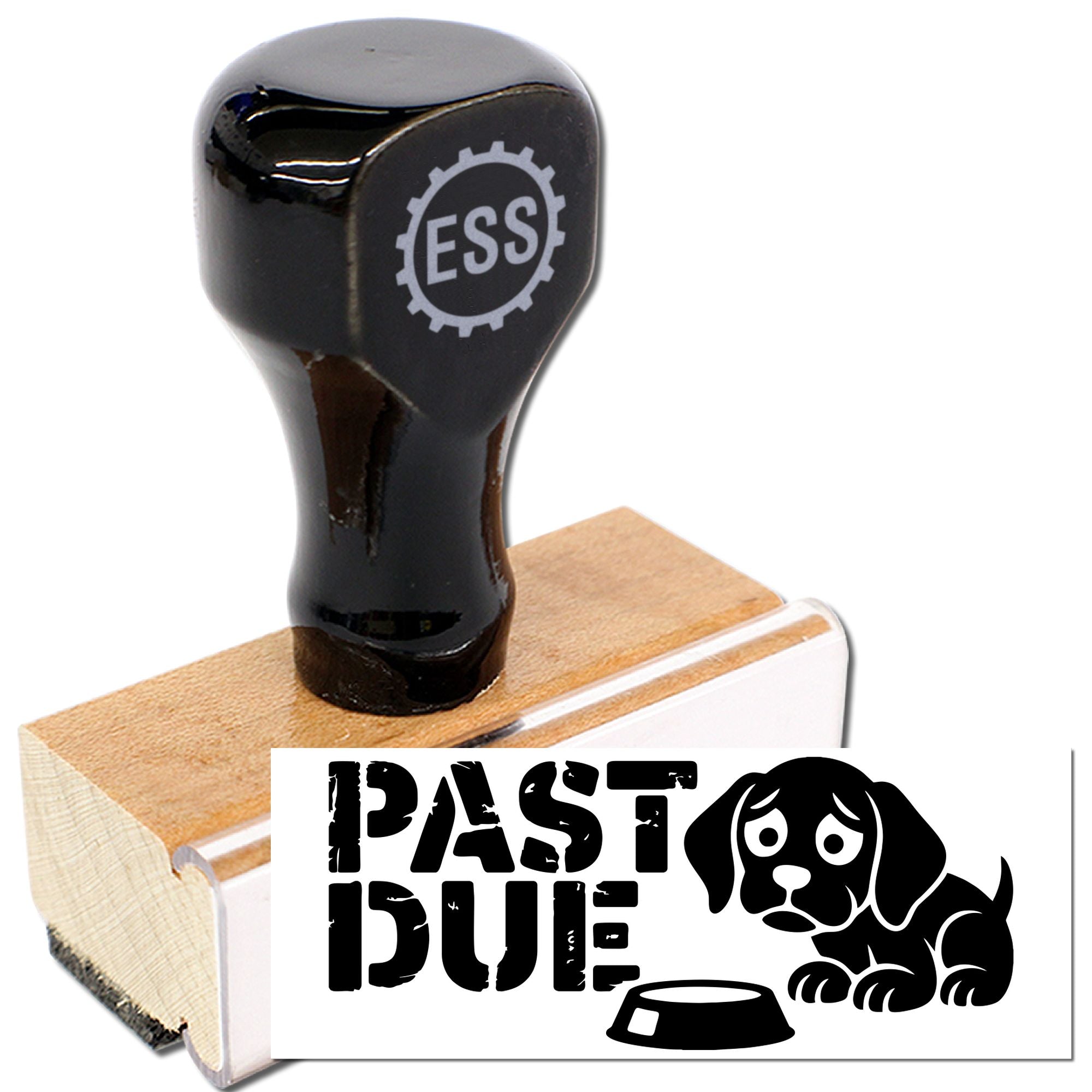 Black ESS rubber stamp on wood base with PAST DUE seal, puppy and bowl design