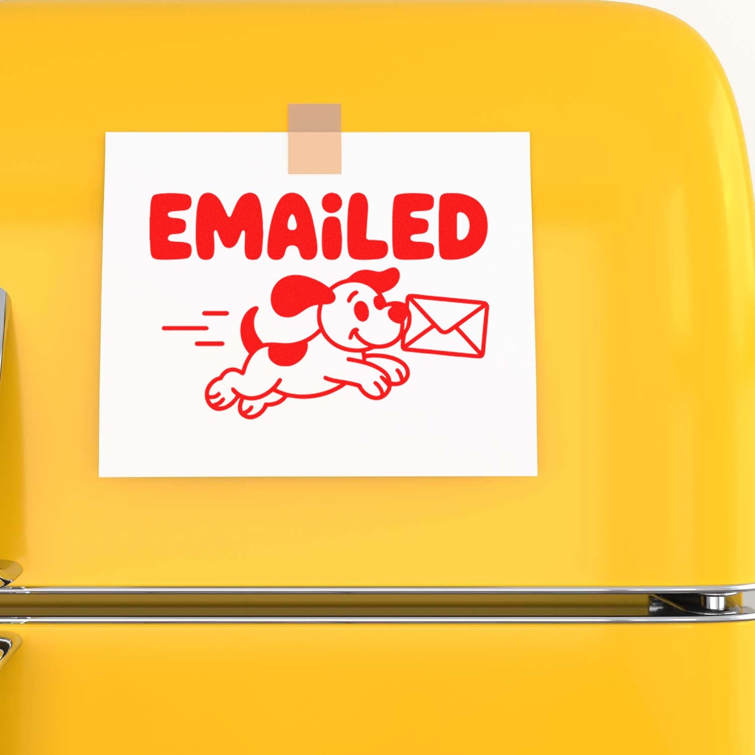 Red Emailed stamp seal with running dog carrying an envelope on white card, taped to a yellow surface.
