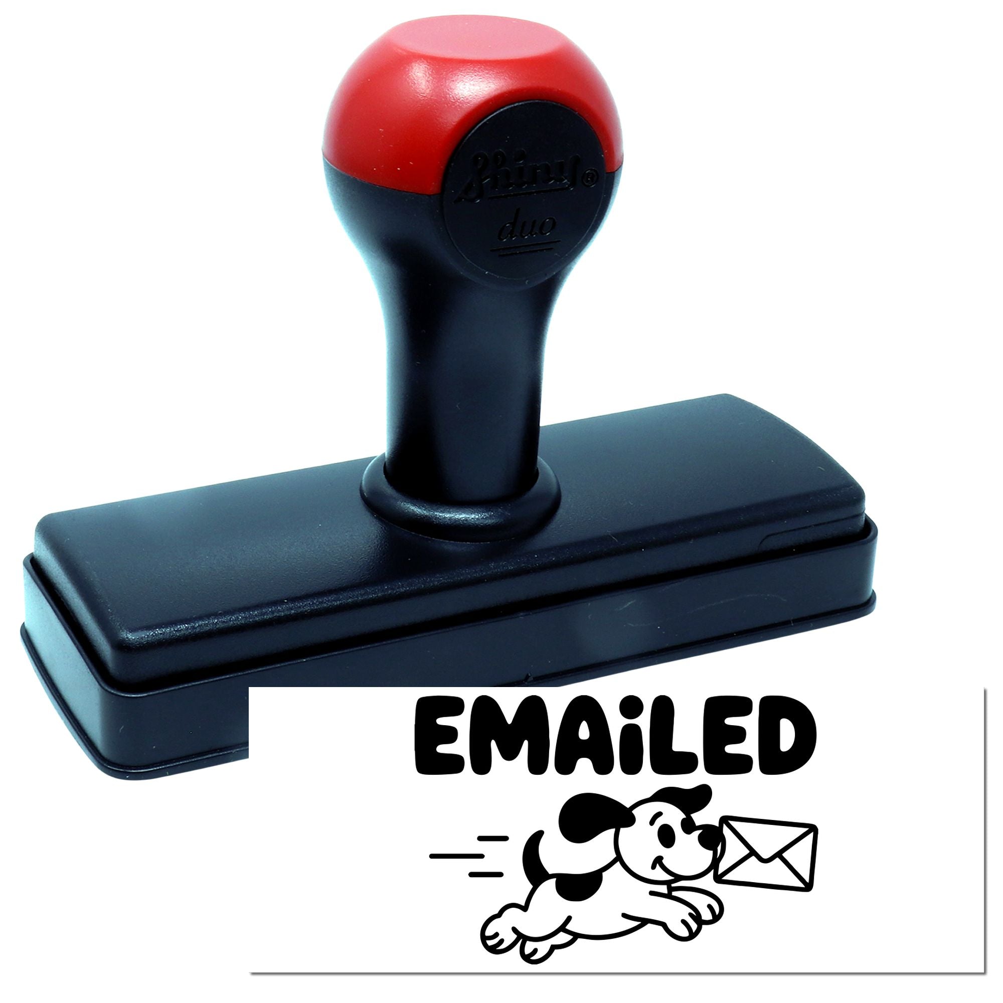 Red-and-black self-inking stamp with black base and EMAILED seal, featuring a running dog and envelope graphic.