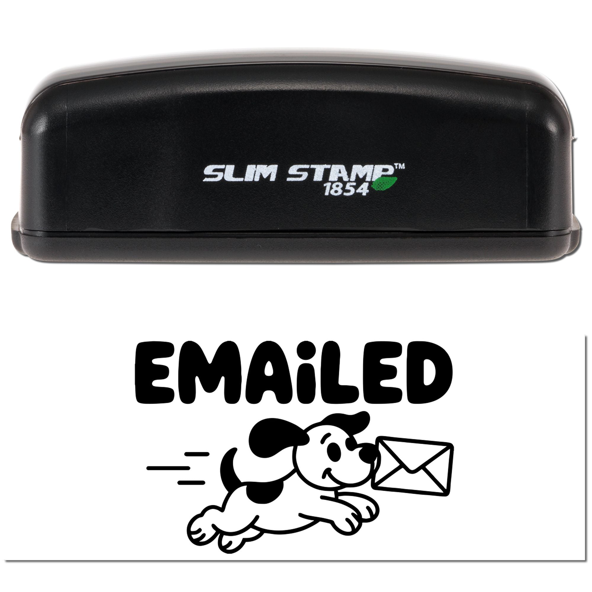 Black Slim Stamp 1854 embosser with white Emailed dog-and-envelope seal graphic on a white background