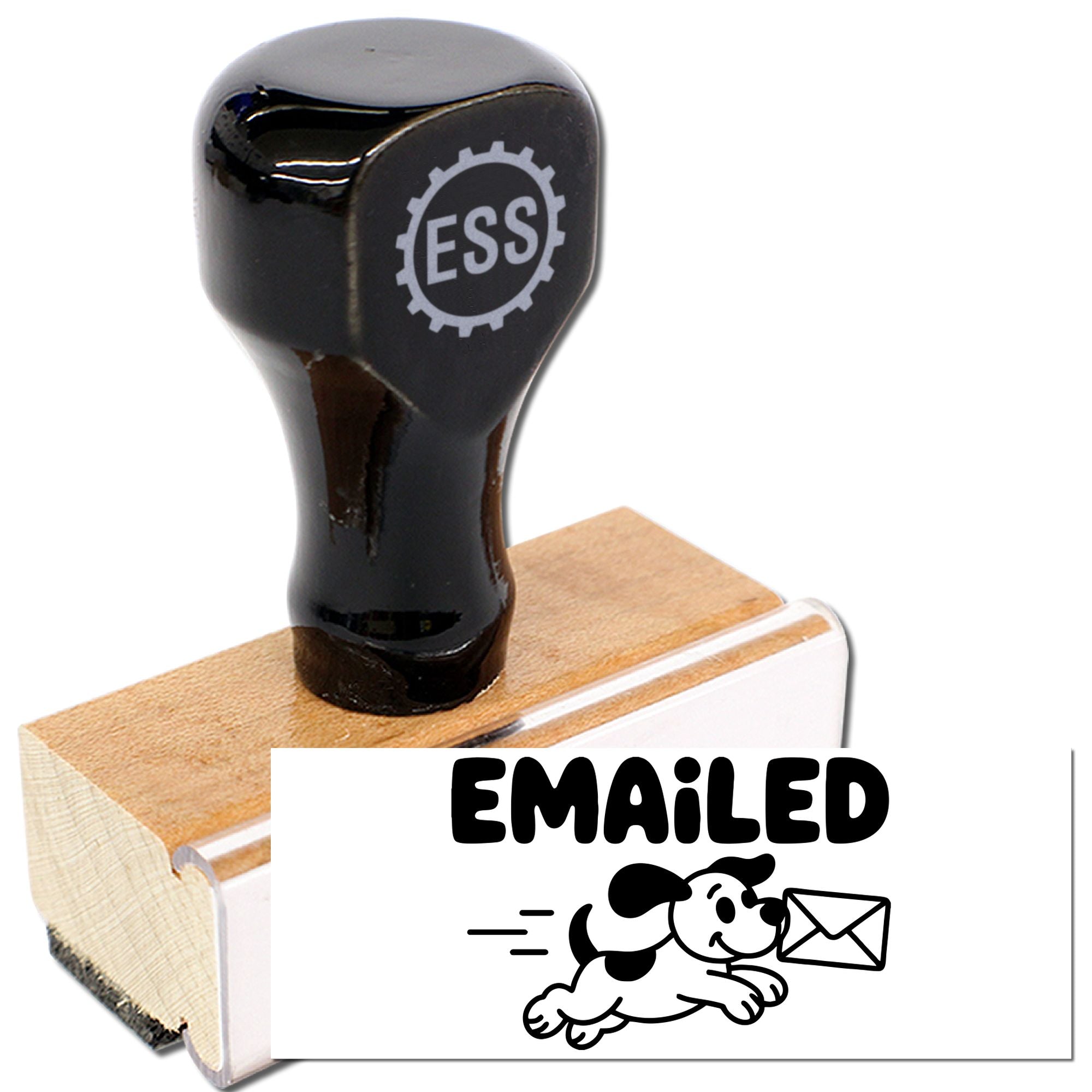 Black rubber stamp and seal with ESS logo on tan wooden base, showing an EMAILED mark with running dog and envelope.