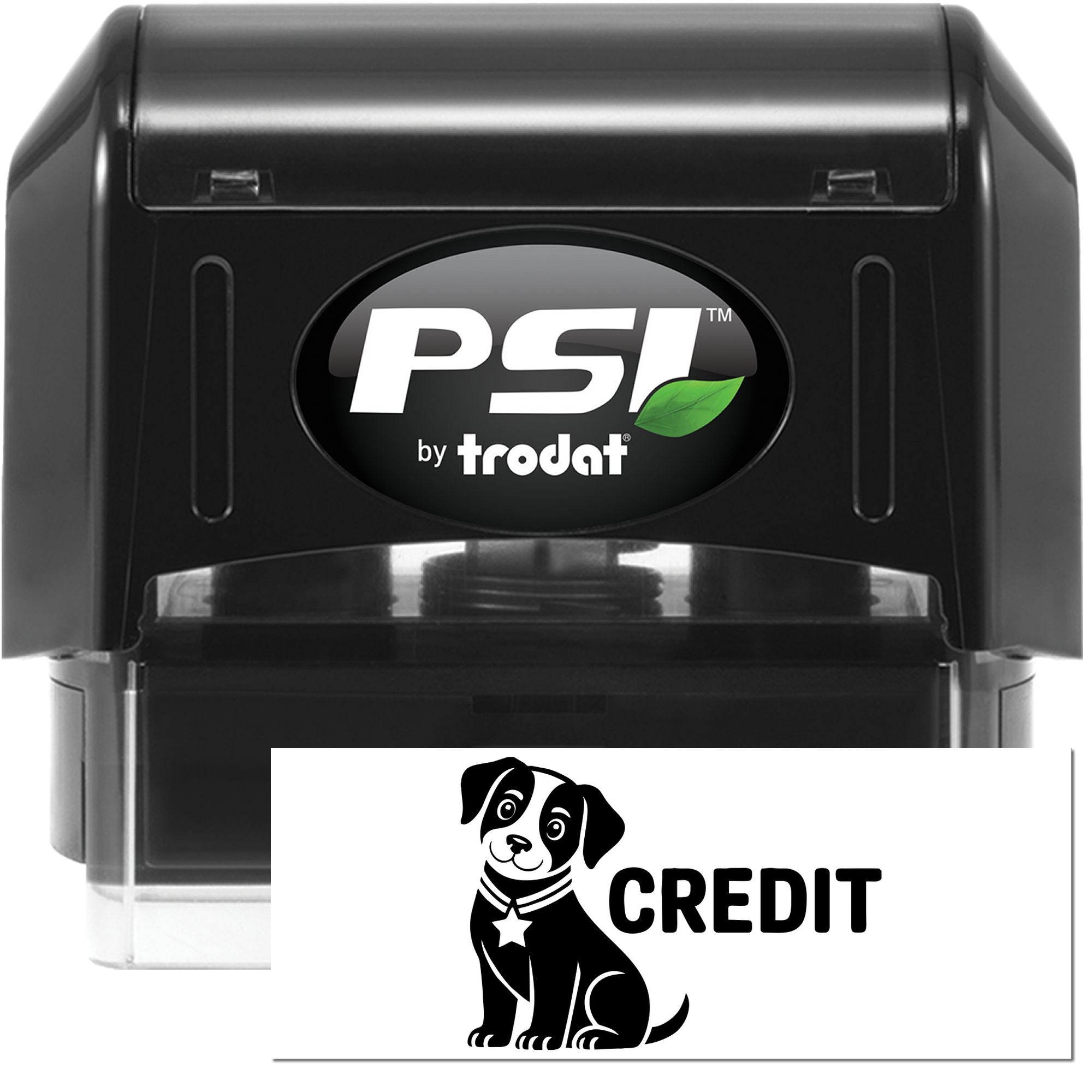 Black PSI by Trodat self-inking stamp with sample white CREDIT seal featuring a black dog icon on a white card.