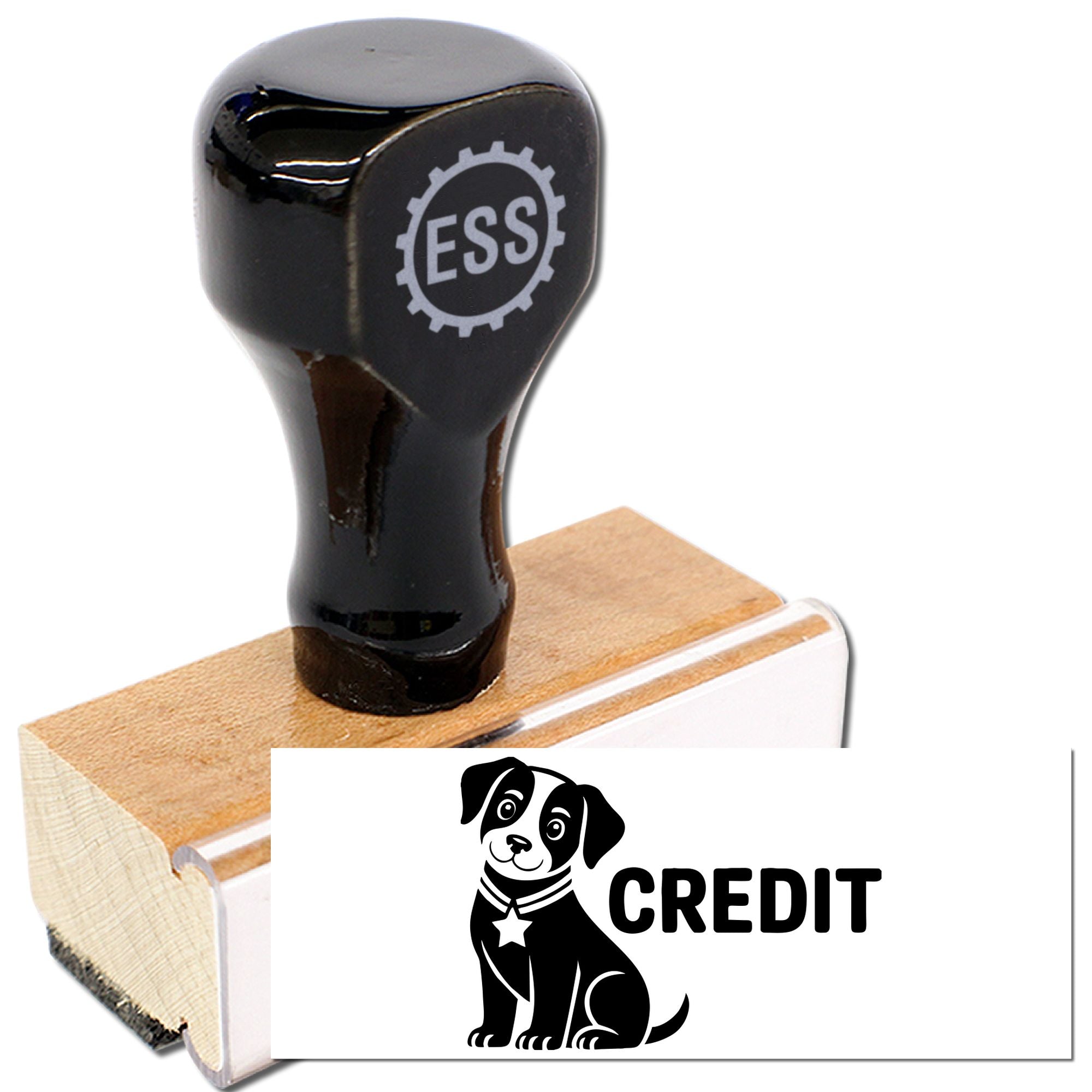 Black rubber stamp on wooden base with ESS gear logo and white credit dog seal graphic.