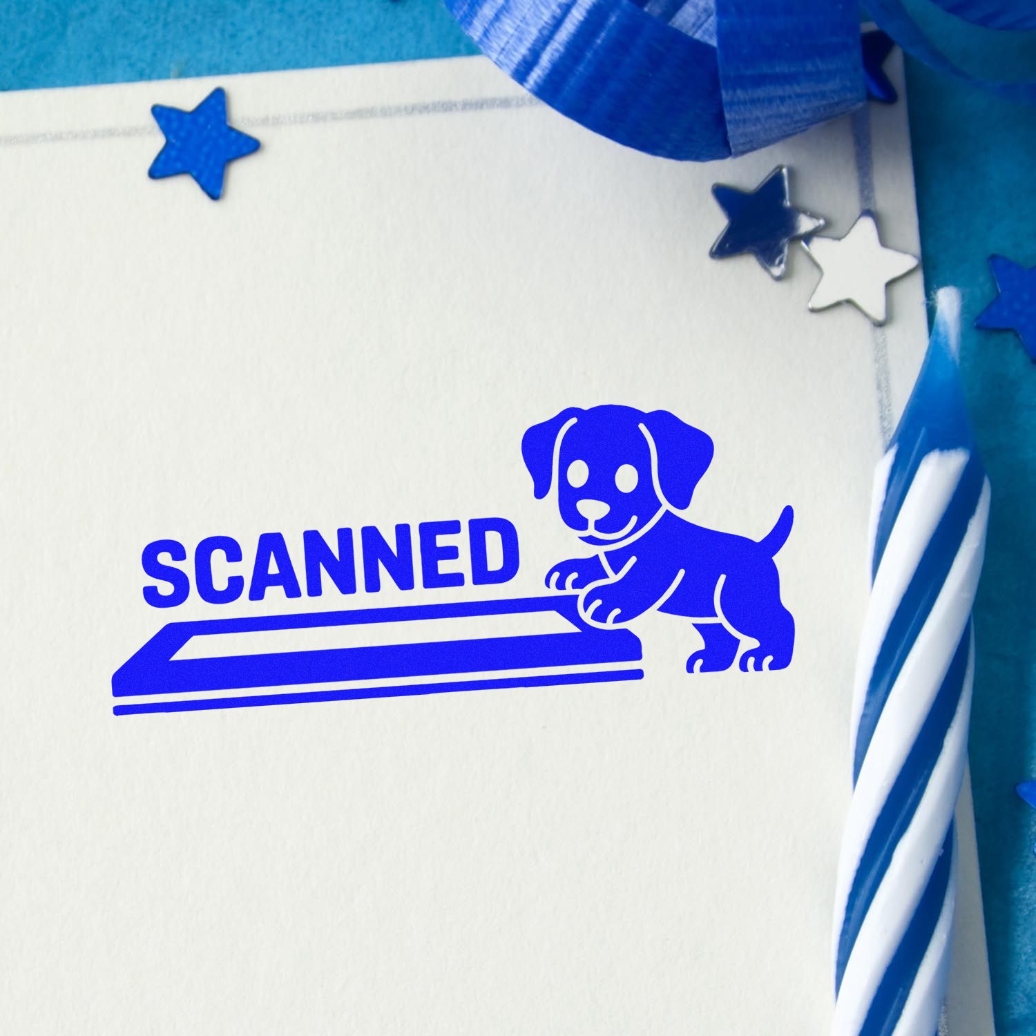 Blue SCANNED dog stamp on white paper with star seal accents and a blue striped seal border.