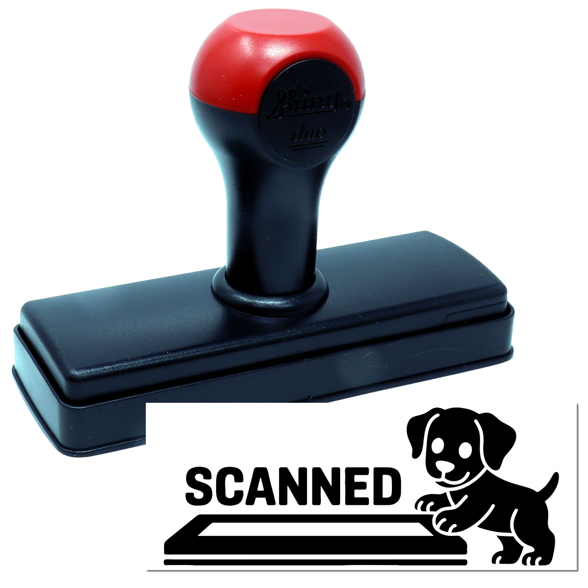 Red and black self-inking stamp with black base and scanned dog seal graphic for stamp and seal products