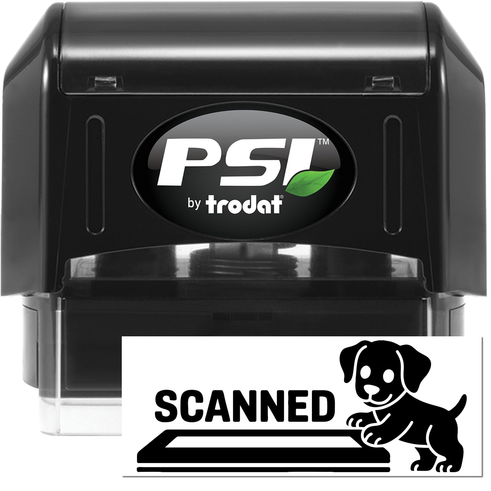 Black PSI by Trodat self-inking stamp and seal with scanned dog graphic, black and white design