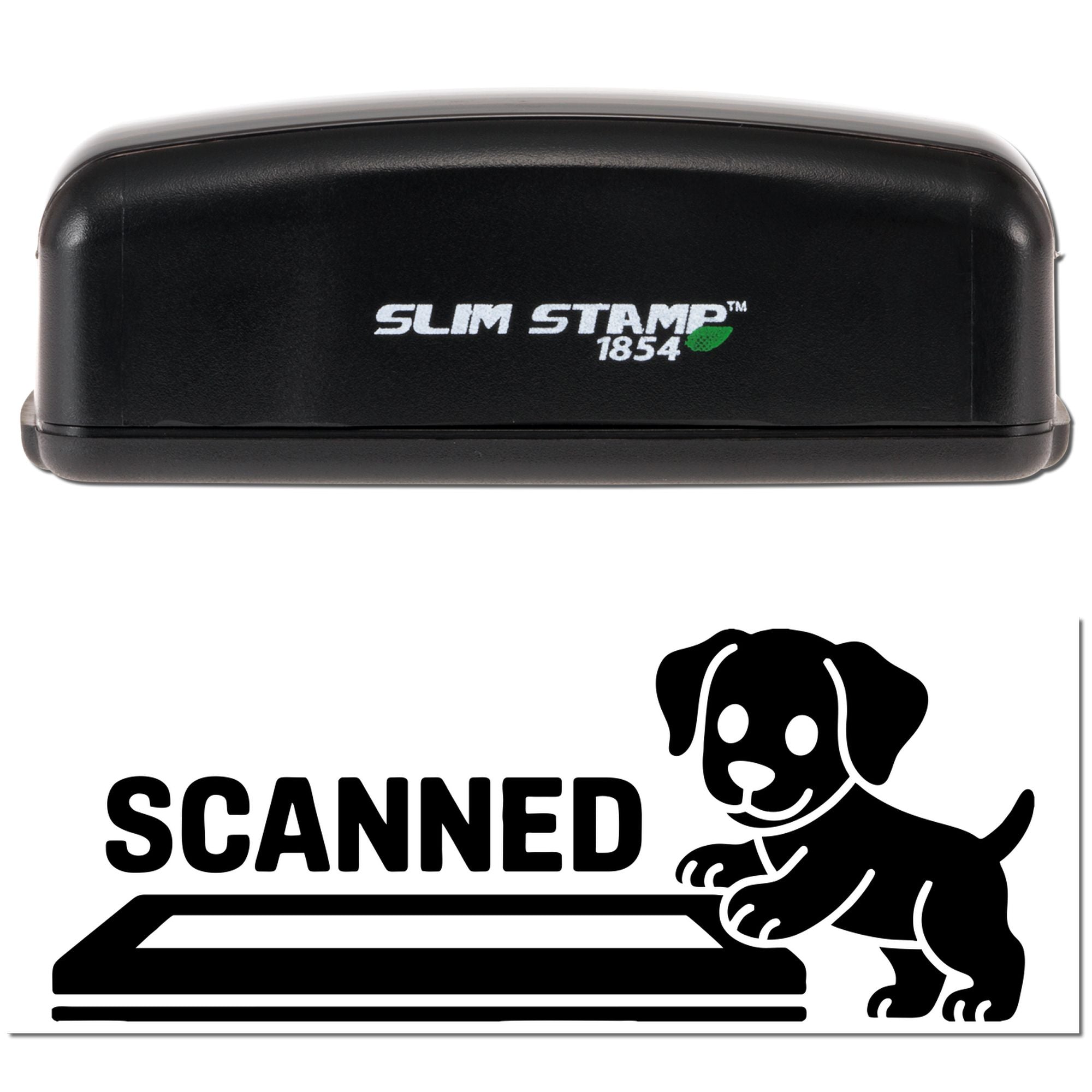 Black Slim Stamp 1854 self-inking stamp with scanned dog seal design on white background