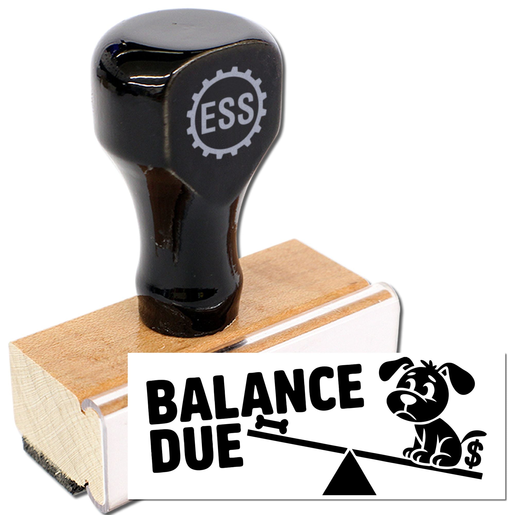 Black stamp and seal products: glossy black rubber stamp with wooden handle and white Balance Due seal design.
