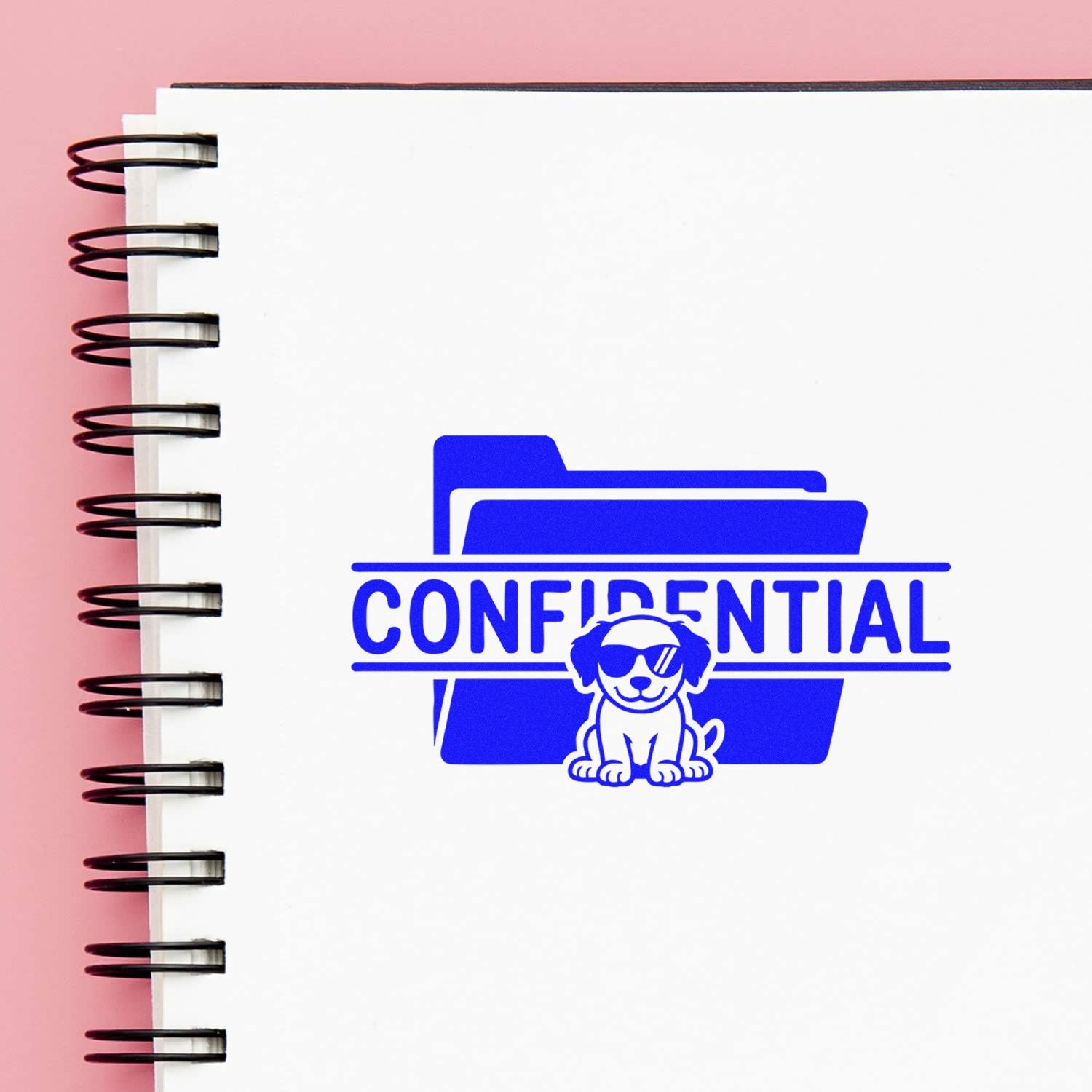 Blue confidential stamp seal with folder icon and sunglasses dog on white spiral notebook, pink background.