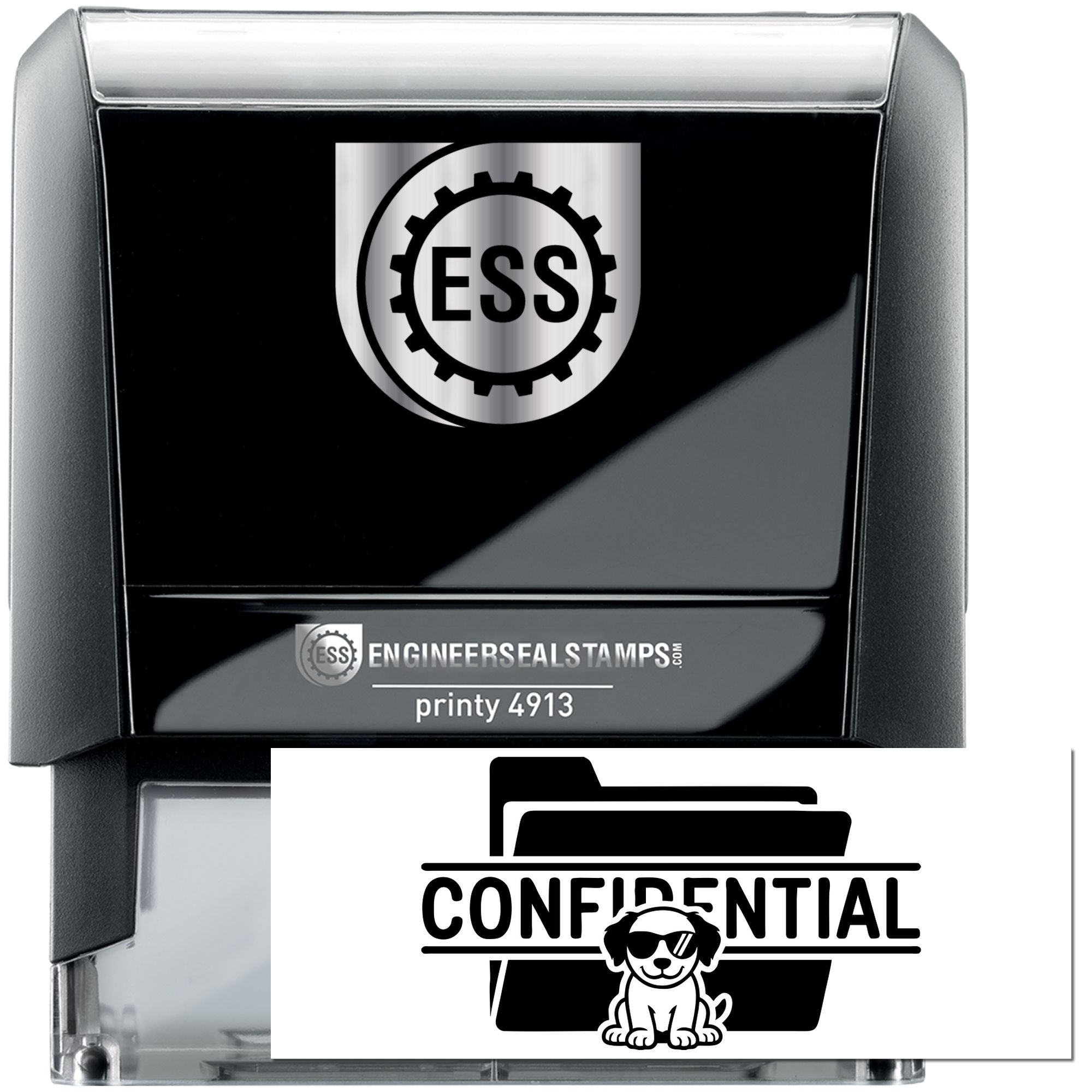 Black and silver ESS self-inking engineer seal stamp with Confidential dog design.