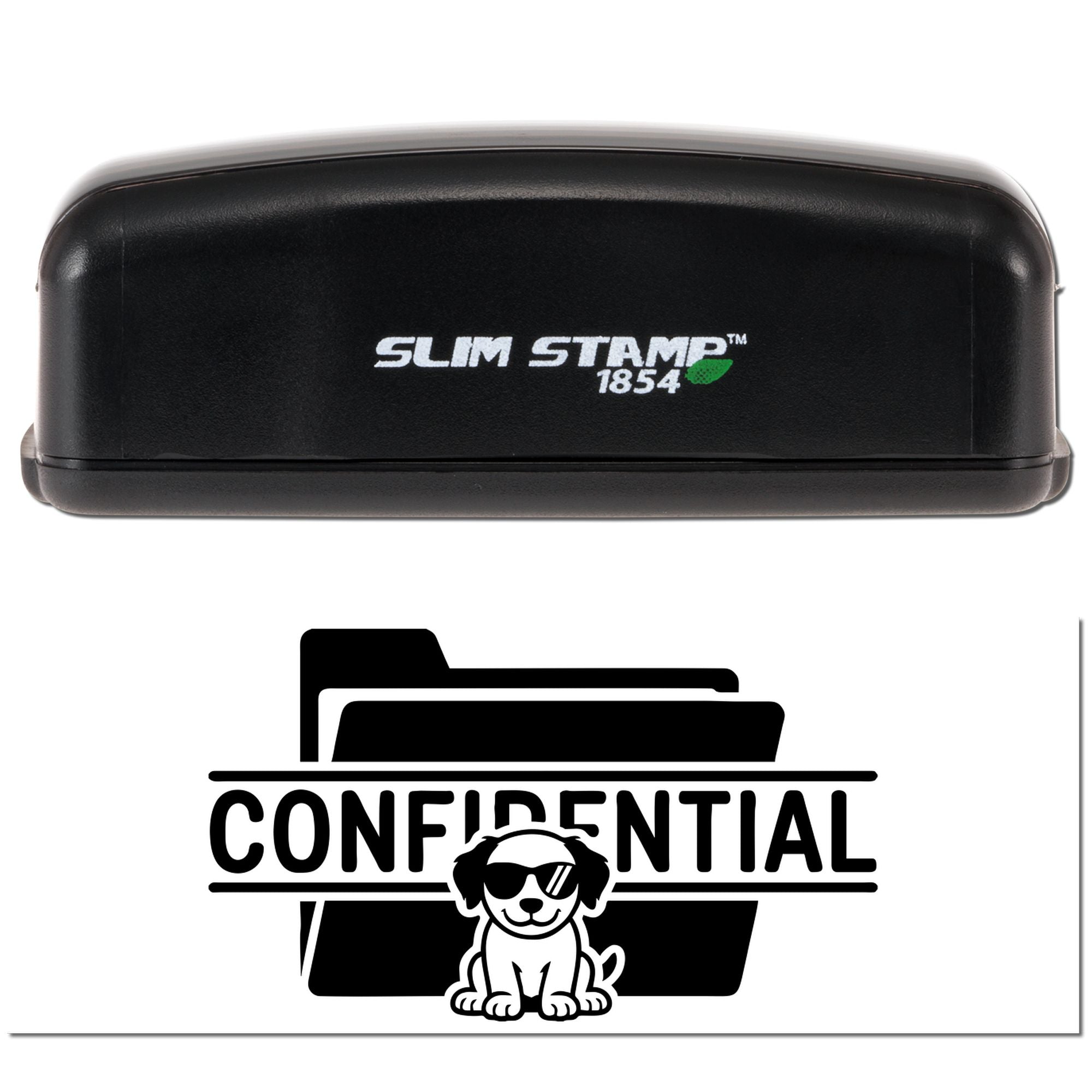 Black Slim Stamp 1854 stamp case above a black Confidential seal with folder icon and dog logo on white background.