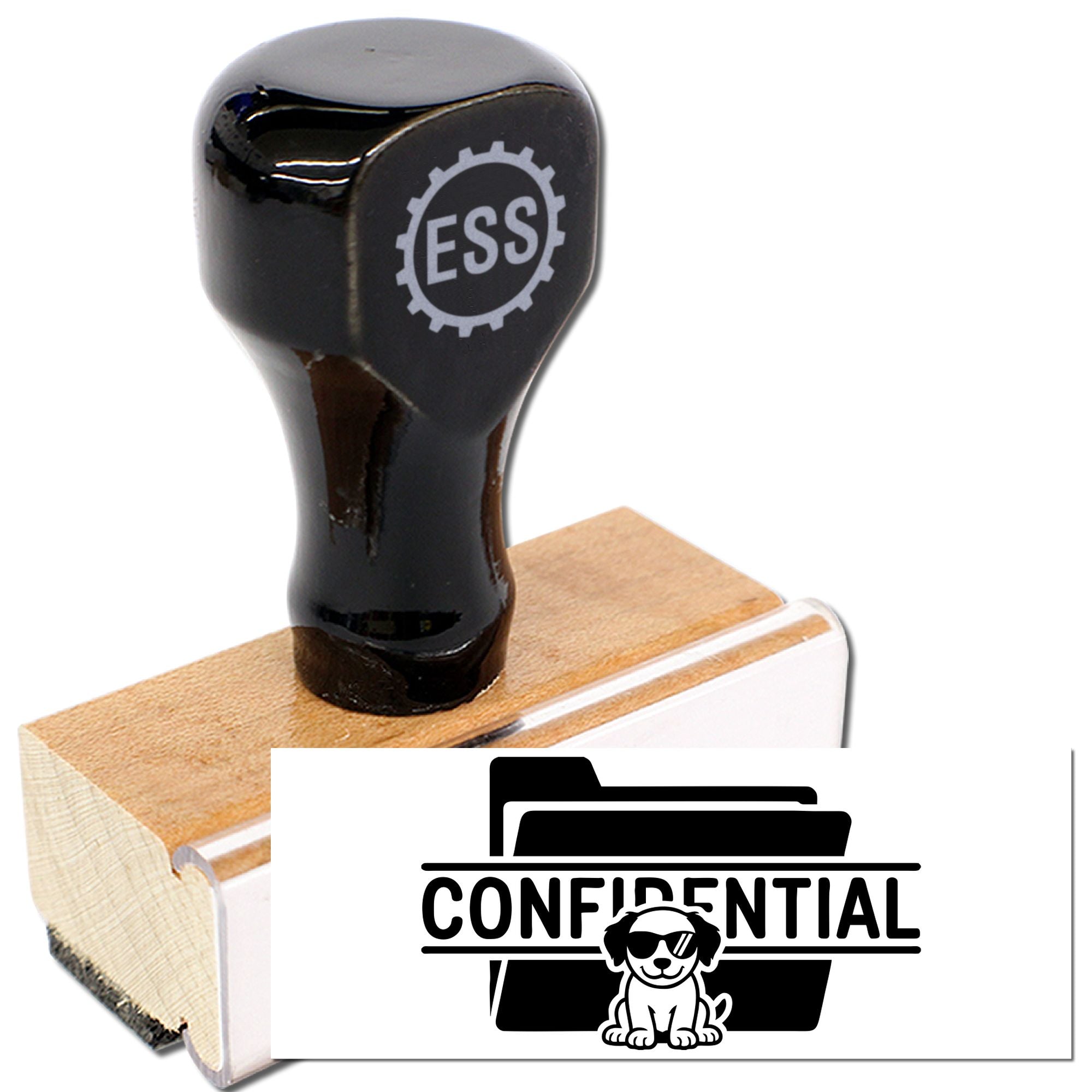 Black rubber stamp and seal set with ESS logo, wooden base, and white Confidential dog graphic.
