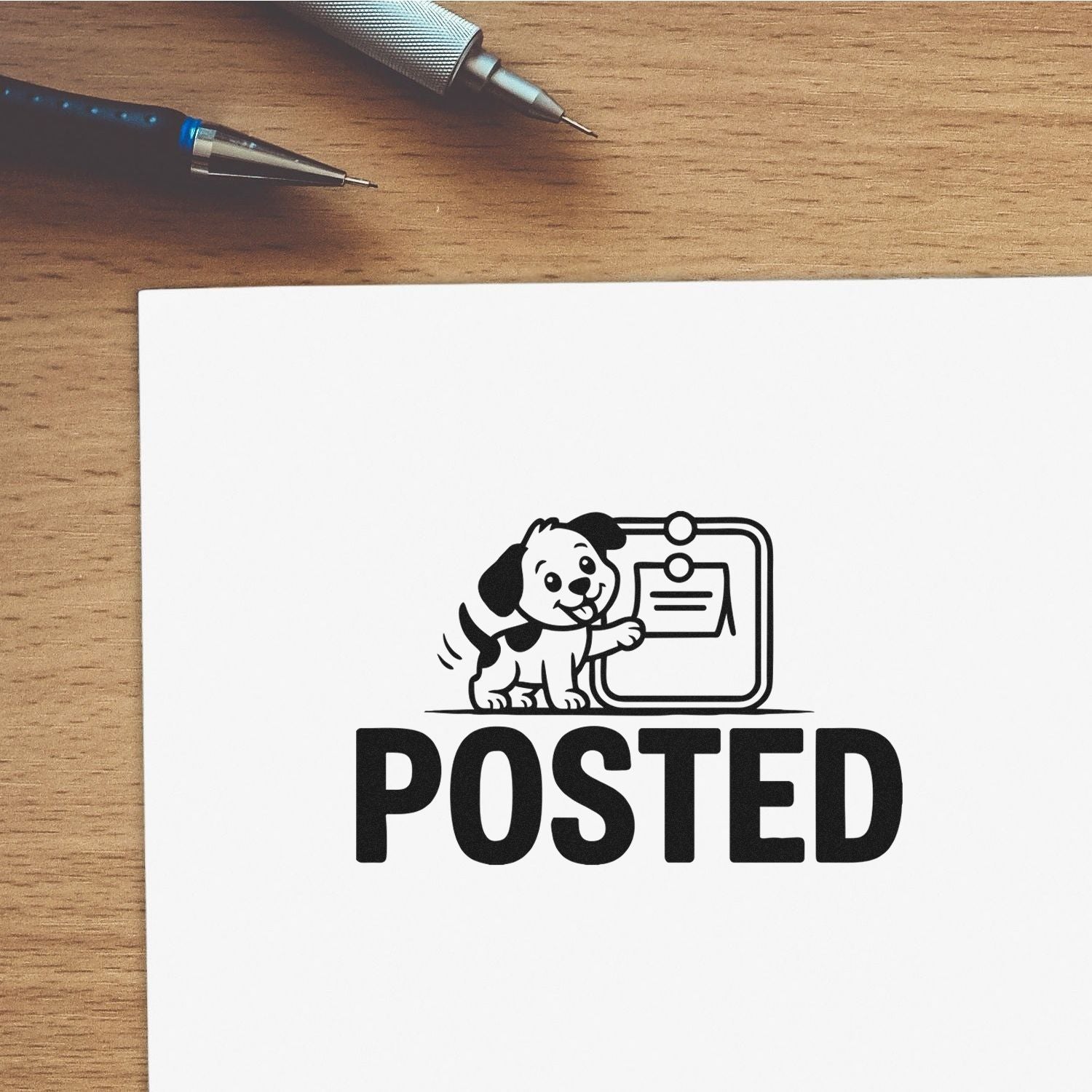 Black POSTED stamp and seal with dog logo on white paper, on a wooden desk with two pens.