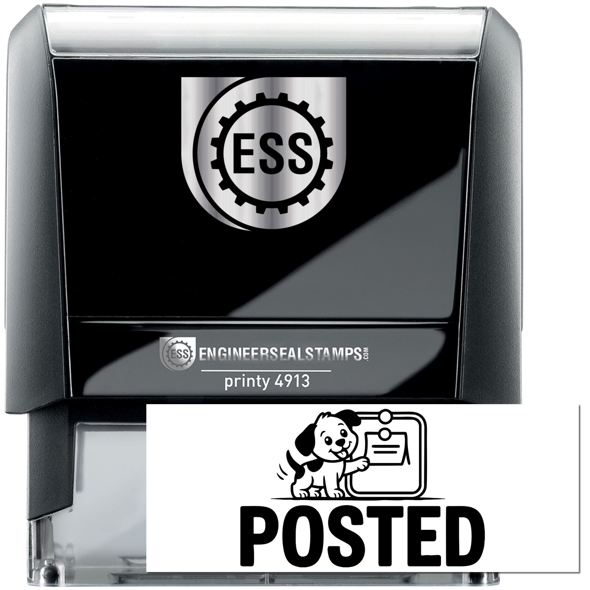 Black and silver self-inking stamp and seal set with ESS logo, showing a white POSTED seal.