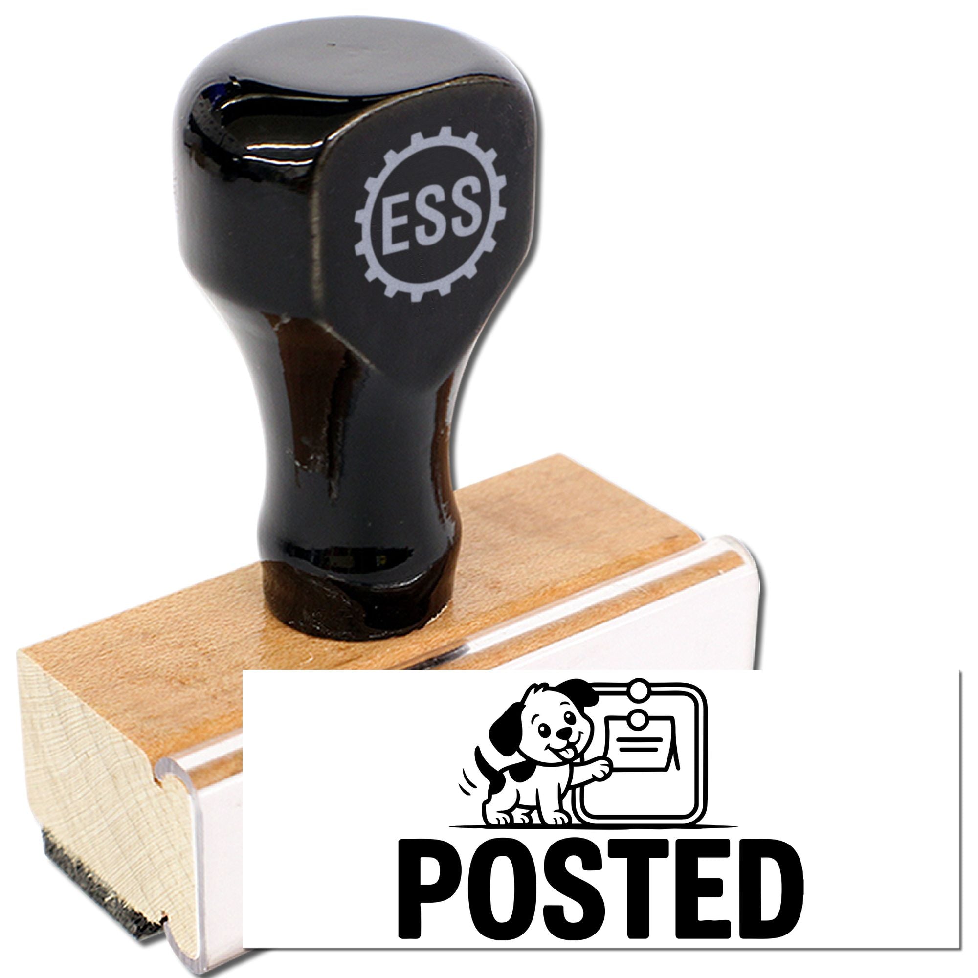 Black ESS rubber stamp with wooden base and white POSTED seal, featuring a dog logo.
