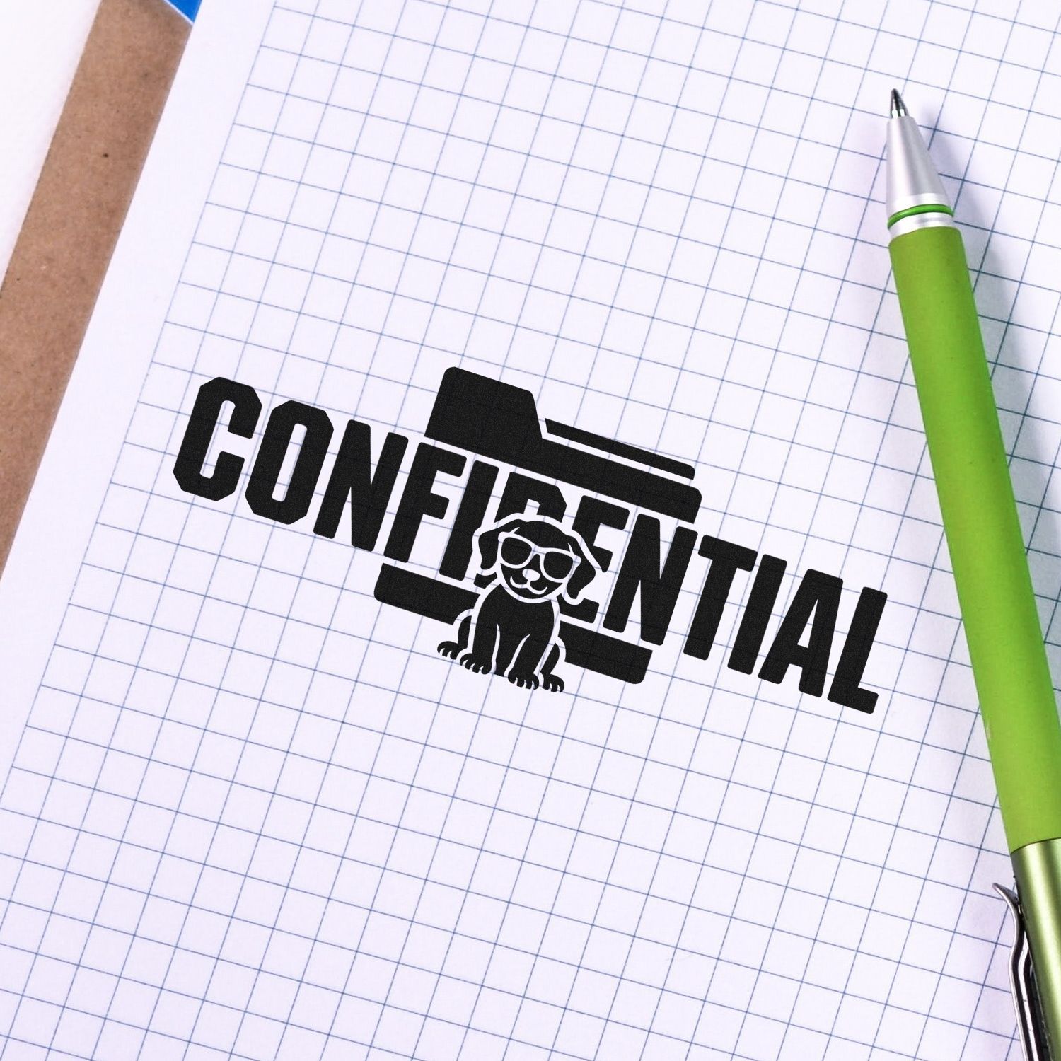 Black CONFIDENTIAL rubber stamp with folder and dog icon on graph paper, beside a green pen; seal-style office branding.