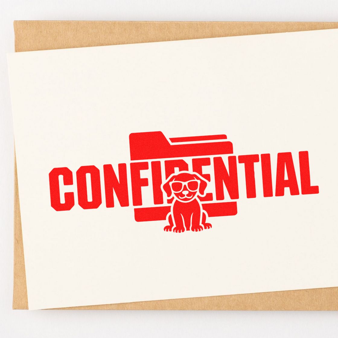Red confidential stamp seal with folder icon and dog mascot on white paper over kraft envelope