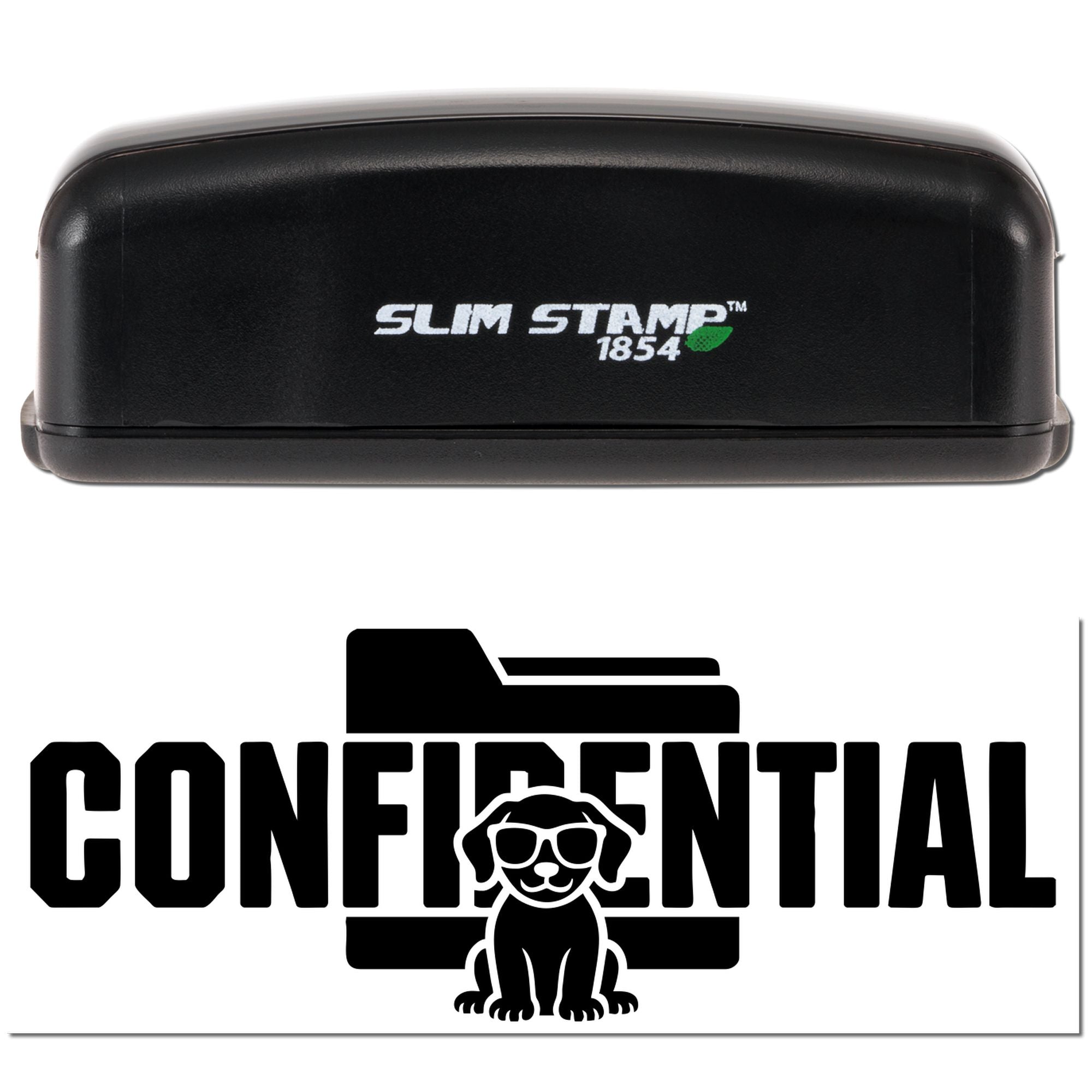 Black Slim Stamp 1854 self-inking stamp and seal with CONFIDENTIAL dog logo imprint on white background.