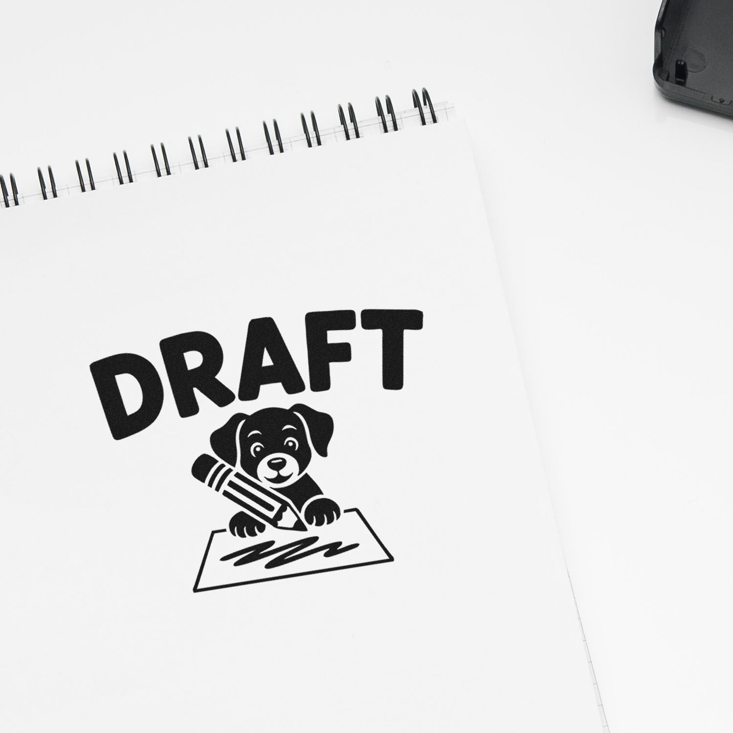 Black DRAFT stamp with dog and pencil on white spiral notebook, plus a black stamp case.