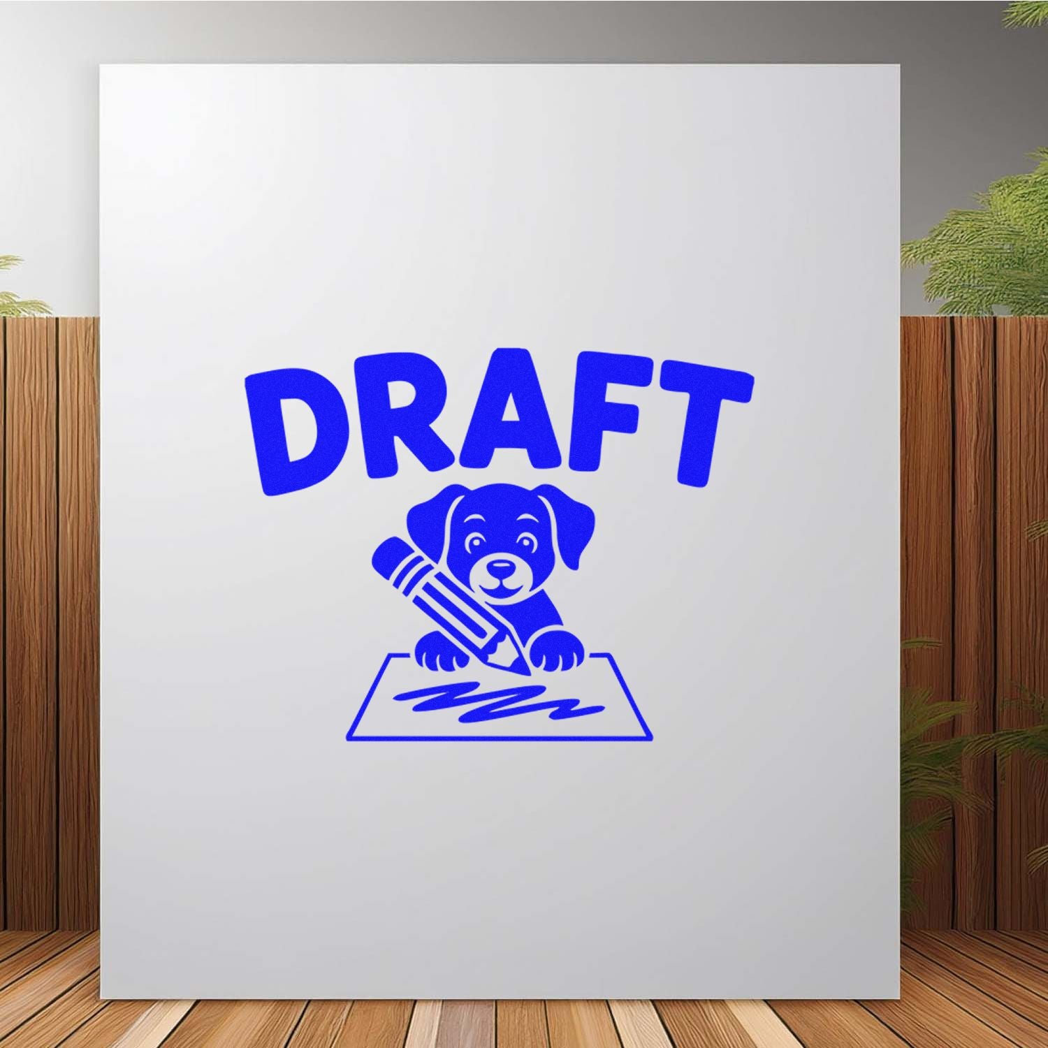 Blue DRAFT stamp and seal with puppy holding a pencil over paper on a white background