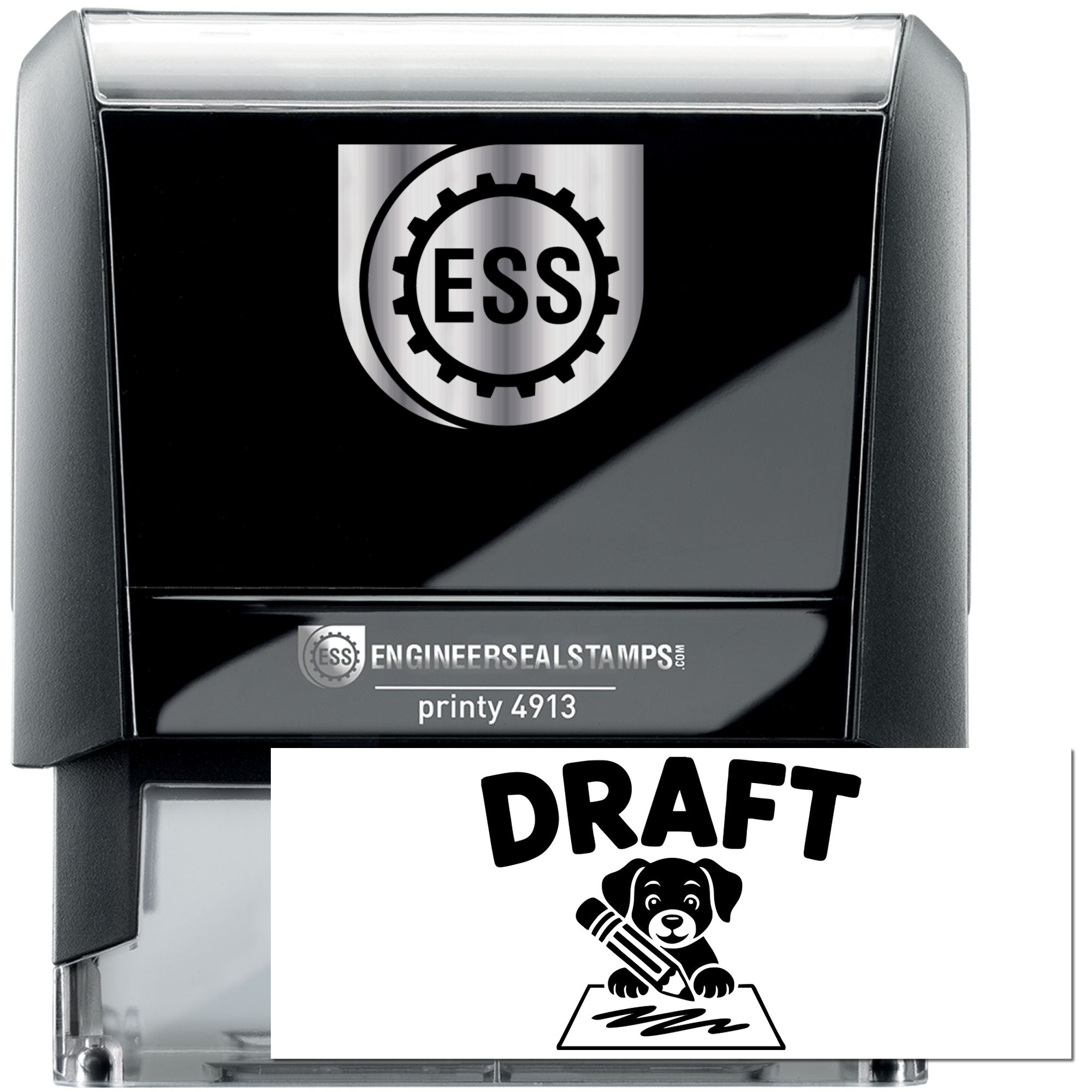 Black and silver self-inking engineer seal stamp with ESS logo and draft imprint