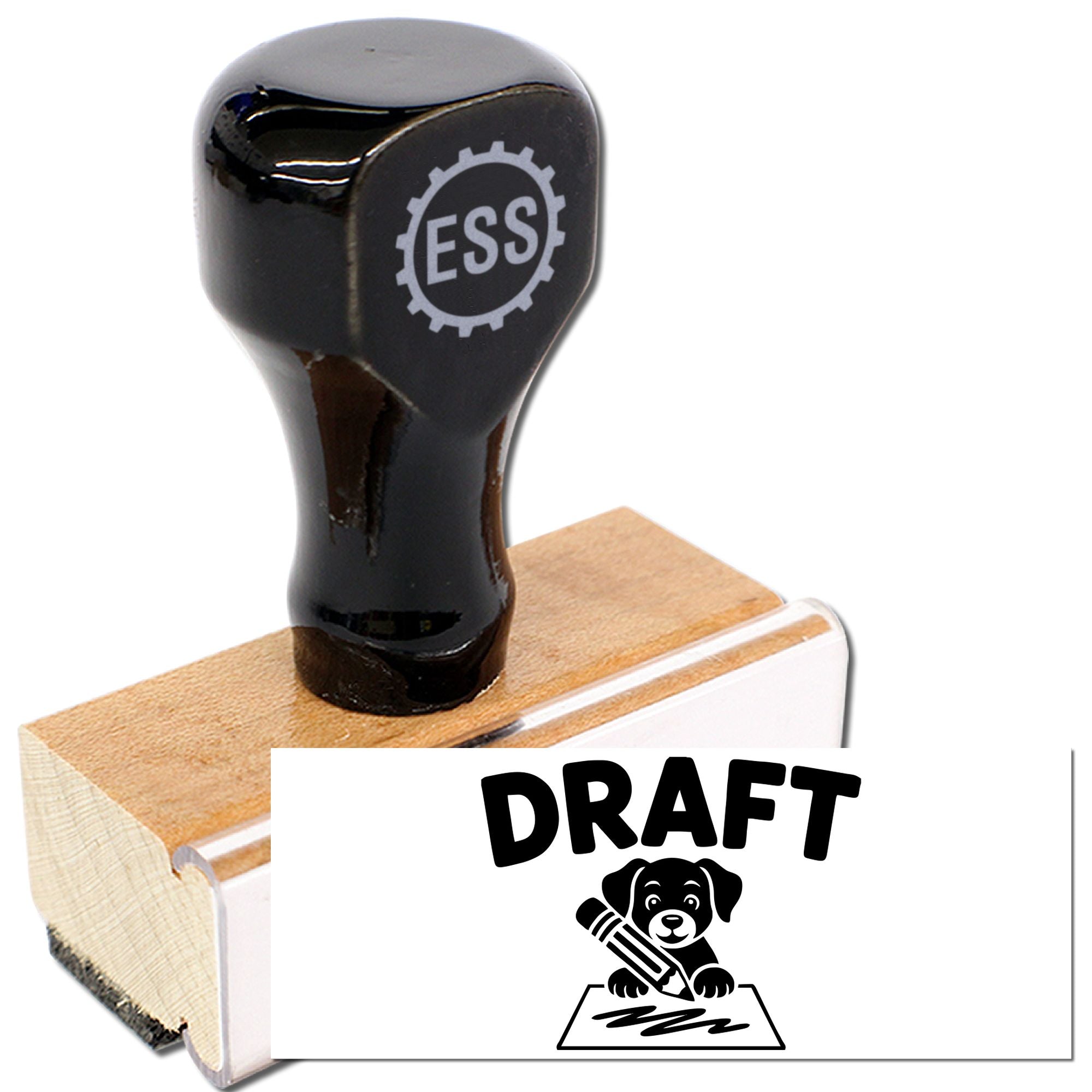 Black draft rubber stamp and seal with ESS logo, black top, wooden block, and white base.