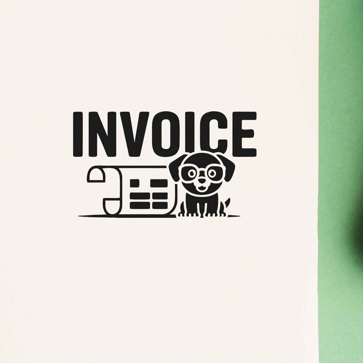 Black invoice stamp seal with dog and receipt icon on white background, beside a green border.