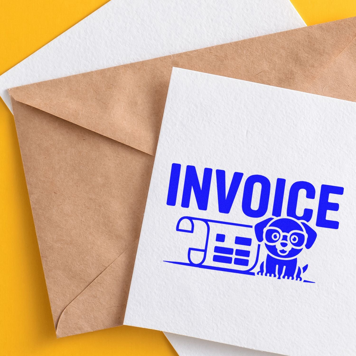 Brown kraft envelopes and white card with blue invoice stamp and dog seal on a yellow background