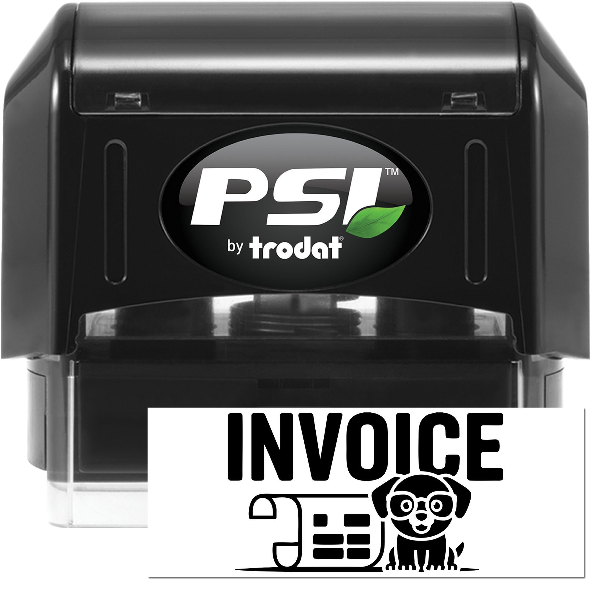Black PSI by Trodat self-inking stamp and invoice seal with black casing, green leaf logo, and clear base