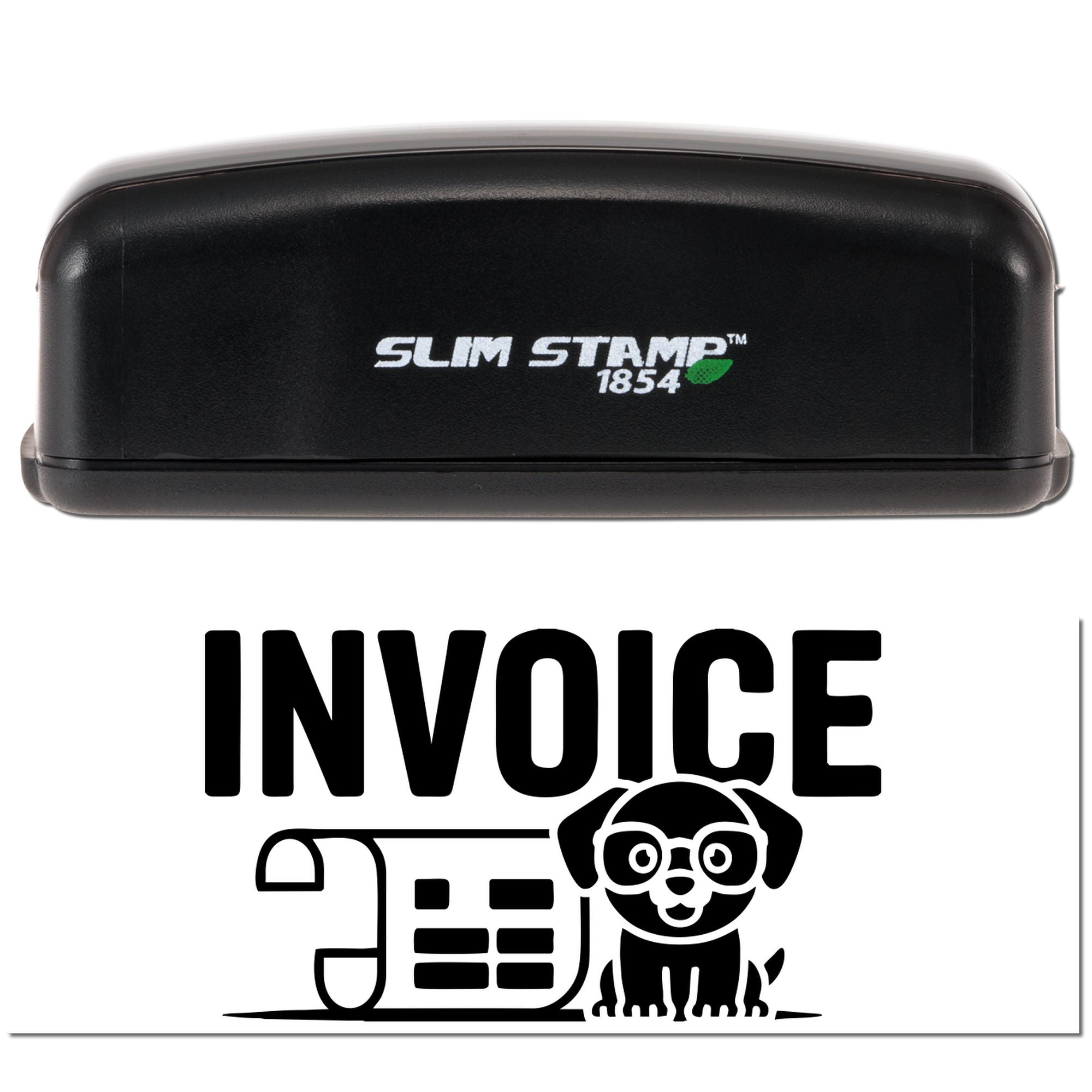 Black Slim Stamp 1854 self-inking stamp and invoice seal with bold black lettering and dog logo on white background.
