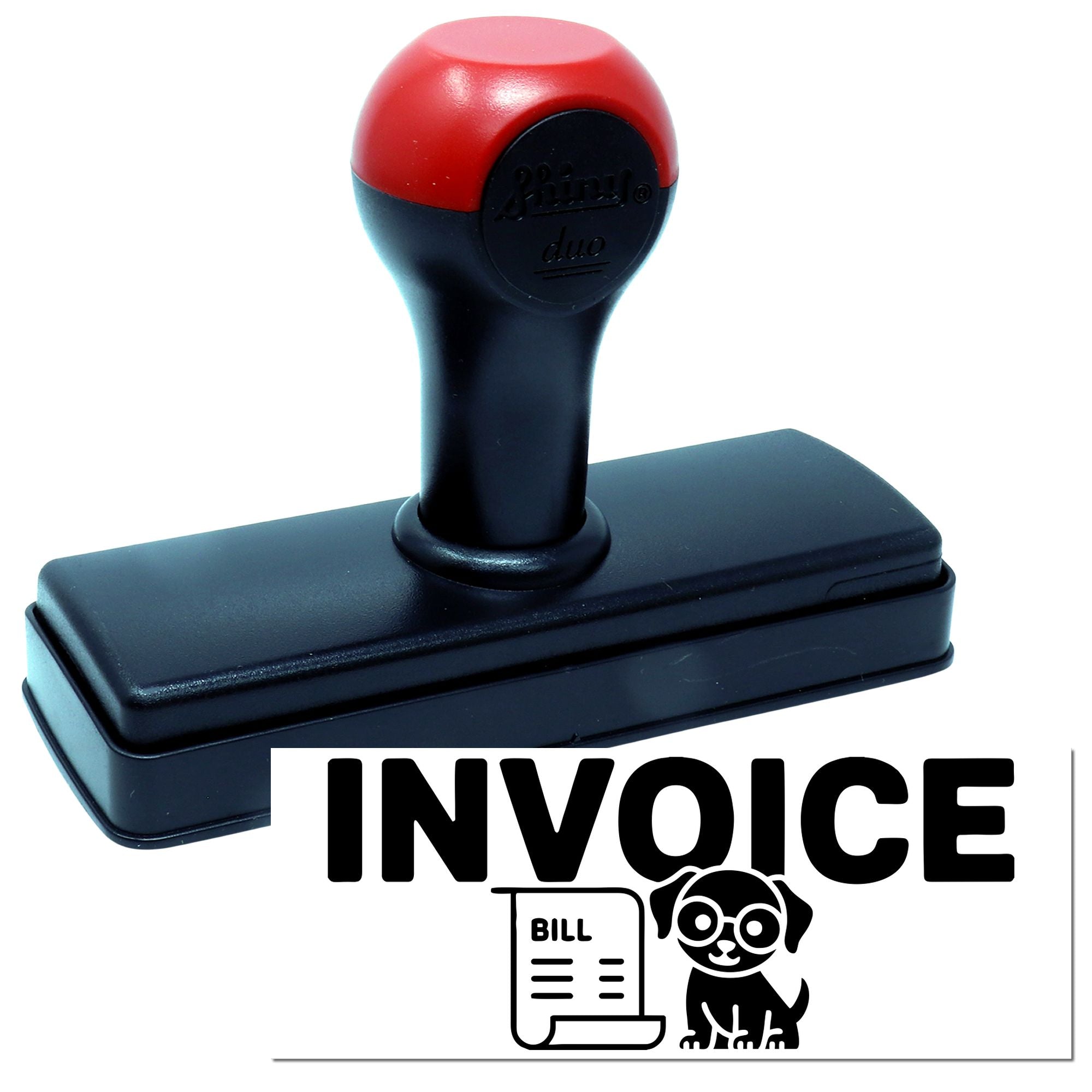 Red and black self-inking stamp and seal with INVOICE text, bill icon, and dog logo