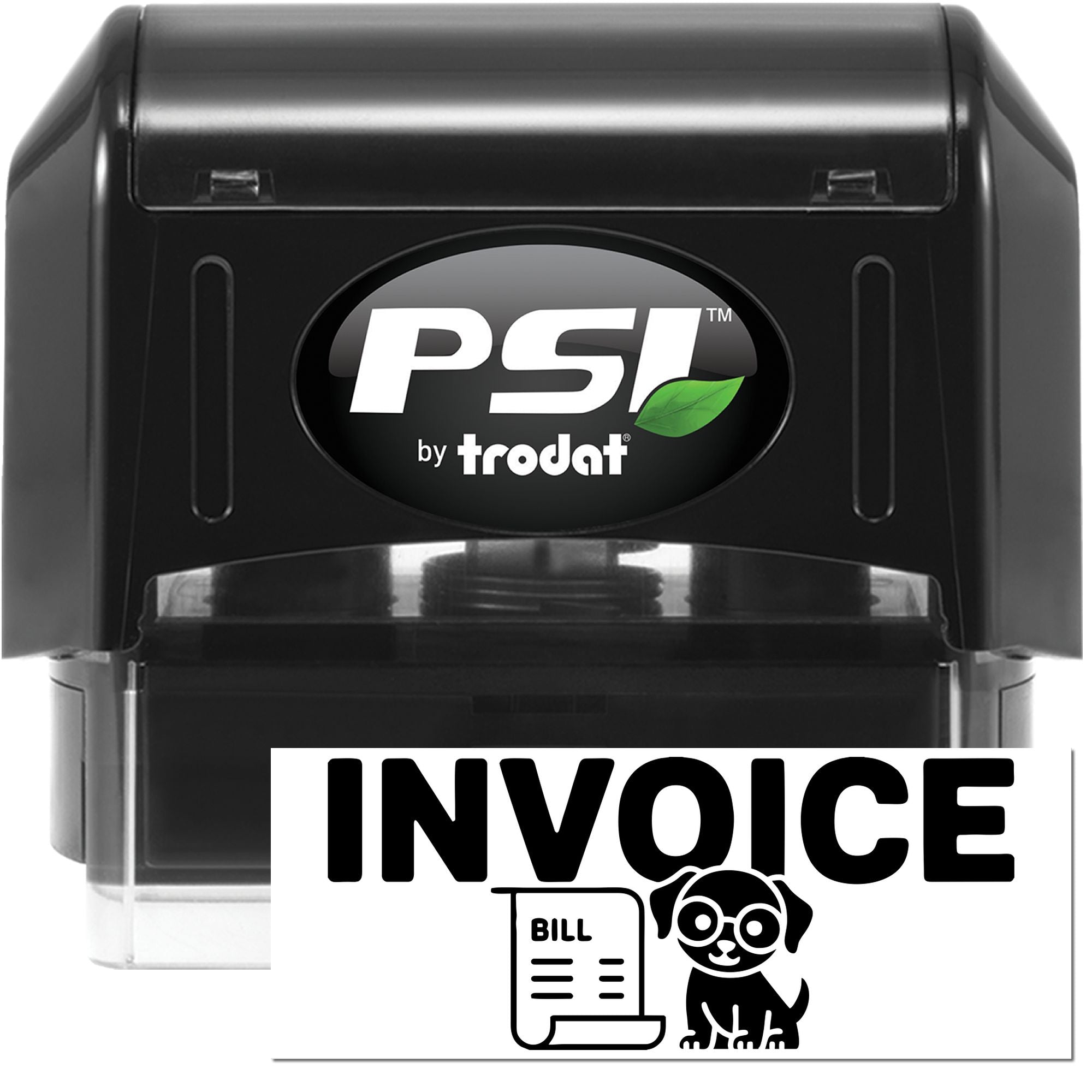 Black PSI by Trodat self-inking stamp/seal with clear base and white invoice imprint card.