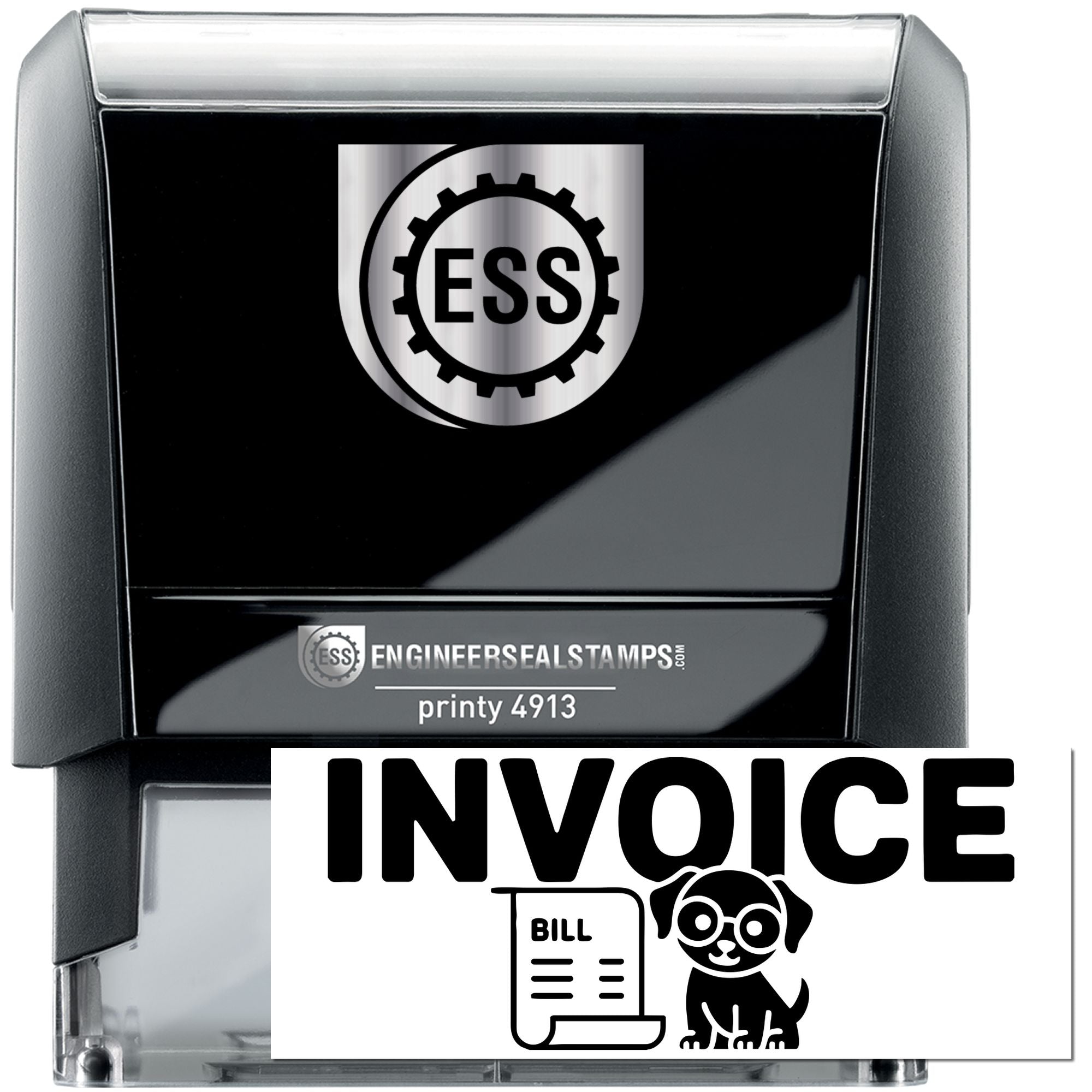 Black self-inking stamp and seal with ESS logo, silver casing, and invoice graphic on a clear base.