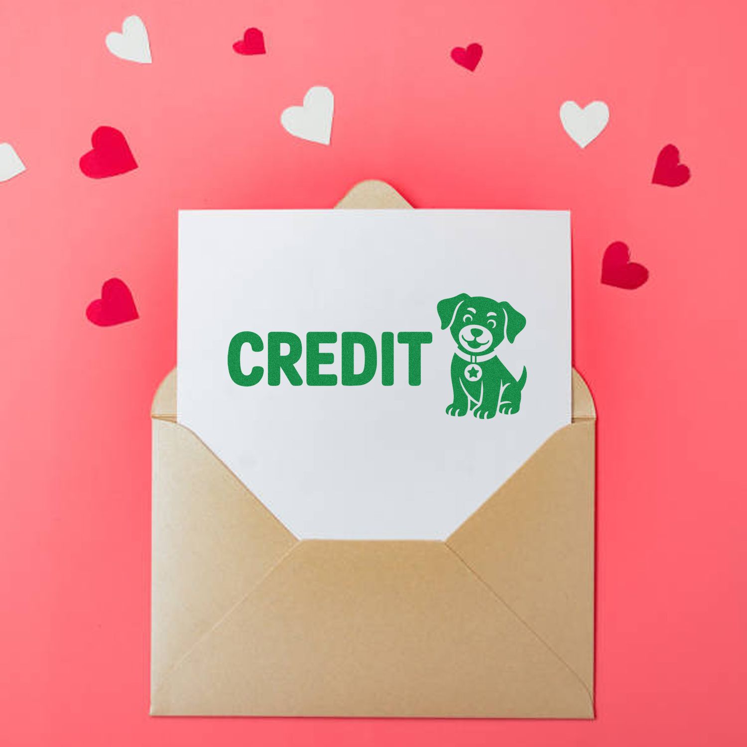 Green CREDIT stamp with dog seal on white paper in tan envelope, on pink background with scattered red and white hearts.