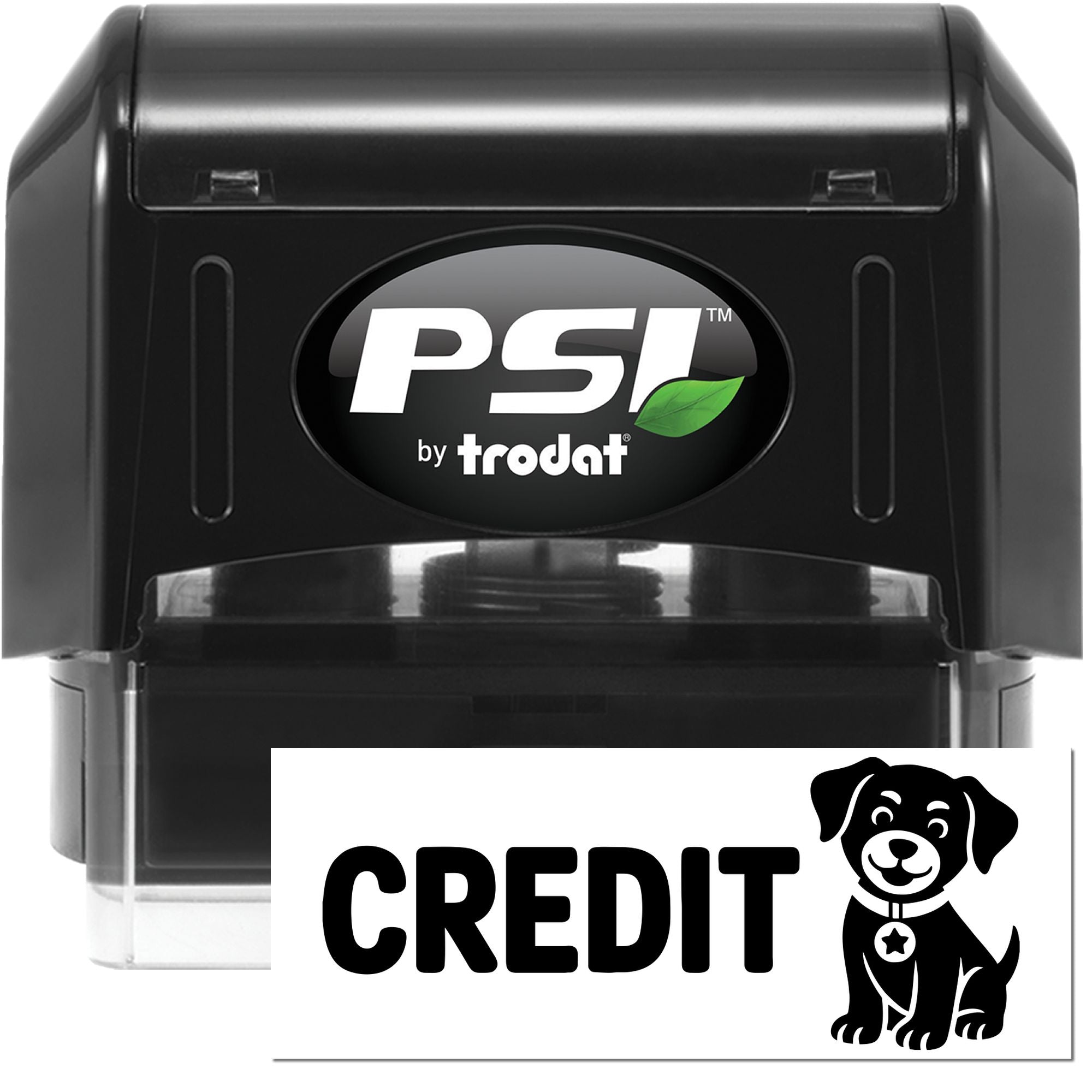 Black PSI by Trodat self-inking stamp and CREDIT seal with dog icon on white background