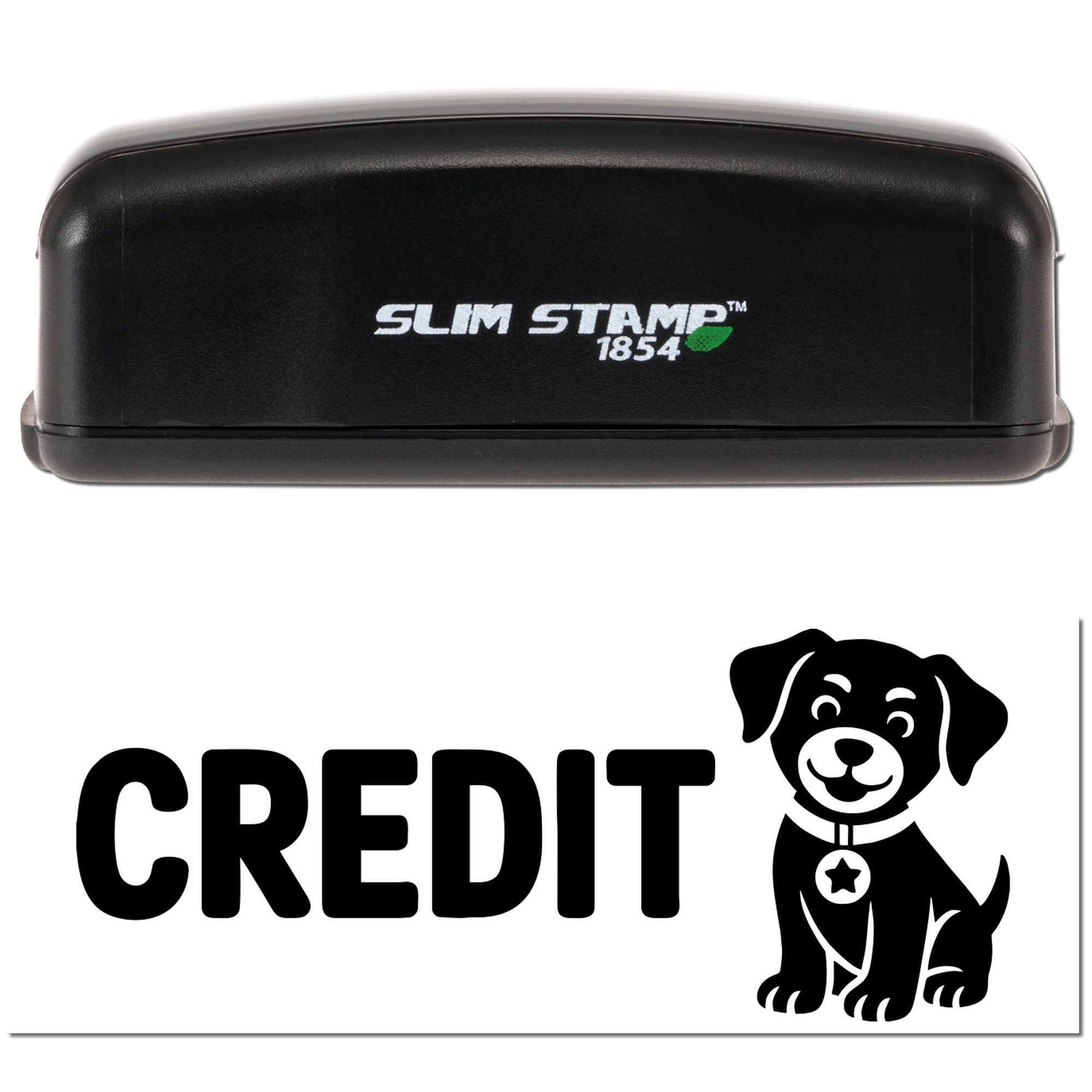 Black Slim Stamp 1854 embossing stamp and Credit dog seal on white background.